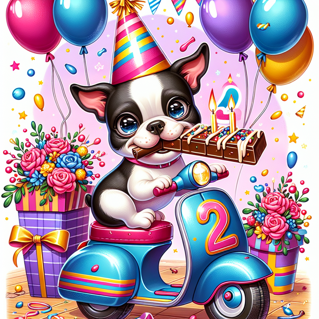 Boston terrier , Chocolate , 2 , and Scooter Birthday Card