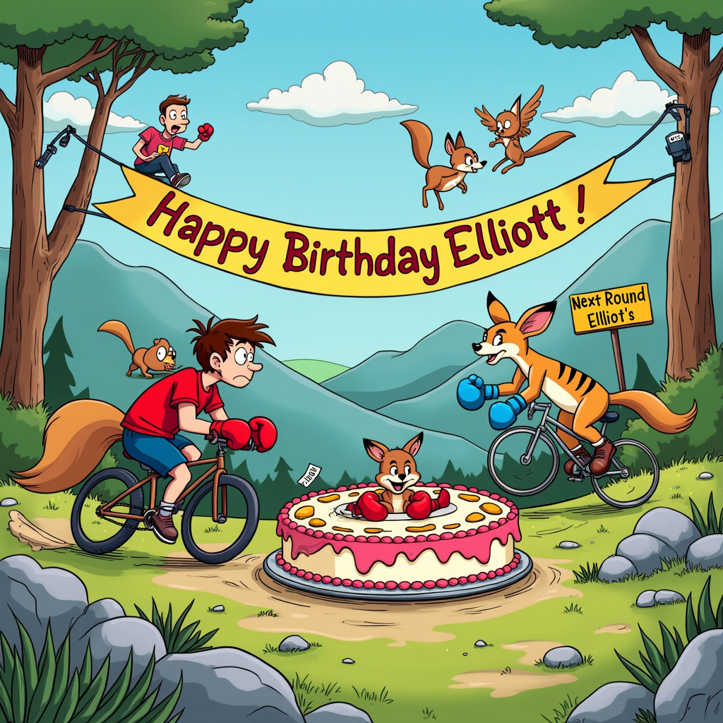 In this zany, action-packed cartoon birthday scene, we're on a mountainside where the adventure unfolds! Picture a vivid, dynamic backdrop of rolling green hills and towering mountains, reminiscent of the charming yet detailed landscapes of Hergé's Tintin. Nestled between two peaks is a lively banner strung up between trees that reads, "Happy Birthday, Elliott!" in bold, playful letters.

The foreground is bustling with activity. On the left side, there's a comically determined mountain biker pedaling furiously up a rocky trail, his expression a mix of grit and glee. The bike's wheels are spinning so fast that they create little clouds of dust and pebbles, and a tiny squirrel, caught up in the excitement, is riding on the biker's helmet like a cheerleader. This whimsical detail nods to Bill Watterson's delightful animal antics in Calvin and Hobbes.

To the right, on a grassy plateau, a friendly boxing ring has been set up. Inside the ring, we have an amusing showdown between two anthropomorphic animals. One is a muscular kangaroo sporting classic red boxing gloves, and the other is a clever-looking fox wearing blue gloves and boxing trunks, echoing the humorous and surreal elements found in Gary Larson's The Far Side.

In the center, close to the front, stands a large, colorful birthday cake. The cake is adorned with mountain bike decorations, like mini trails and tiny edible bikes, and a few boxing gloves made out of frosting. On top of the cake, in vibrant red icing, it spells out "Elliott," with a cute figurine of a cyclist and a boxer giving each other a high-five.

Above the scene, fluffy clouds are drifting across a clear blue sky, with birds in the style of Charles Schulz's Woodstock flying in formation, creating an arrow pointing towards the action below. Scattered around the scene are small, humorous details—like a surprised hiker peeking out from behind a tree, holding binoculars, and a signpost that reads, “Next Round at Elliott’s!” with an arrow pointing to the cake.

This energetic and quirky tableau combines mountain biking and boxing into a celebratory birthday adventure that’s sure to bring a smile to Elliott's face!
Generated with these themes: Mountain bike, and Boxing.
Made with ❤️ by AI.
