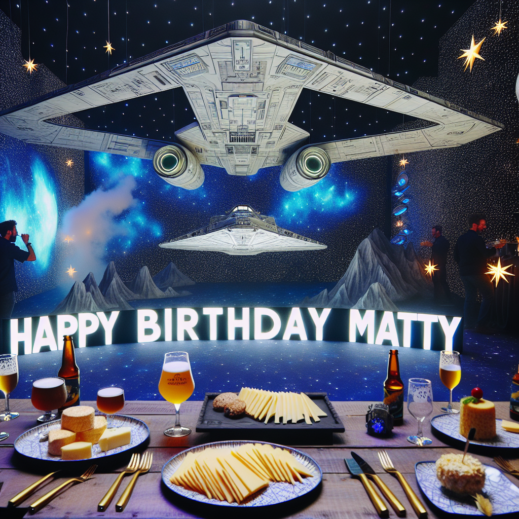 Picture a whimsical birthday setting, where elements of outer space sprinkle the environment. In the center, there is a floating banner with the words 'Happy Birthday Matty' written in futuristic font amidst twinkling stars. Above this scene is a model of a generic science fiction starship, set against an expansive and stylized space background. Scattered all around, different types of cheese are elegantly laid on space-age style serving trays. People are mingling, toasting with specialty beers held in uniquely designed futuristic-themed glassware, all glowing under the cosmic ambiance.
Generated with these themes: Star Trek, Beer, Cheese, Happy Birthday Matty banner, Starship Enterprise , and Space.
Made with ❤️ by AI.