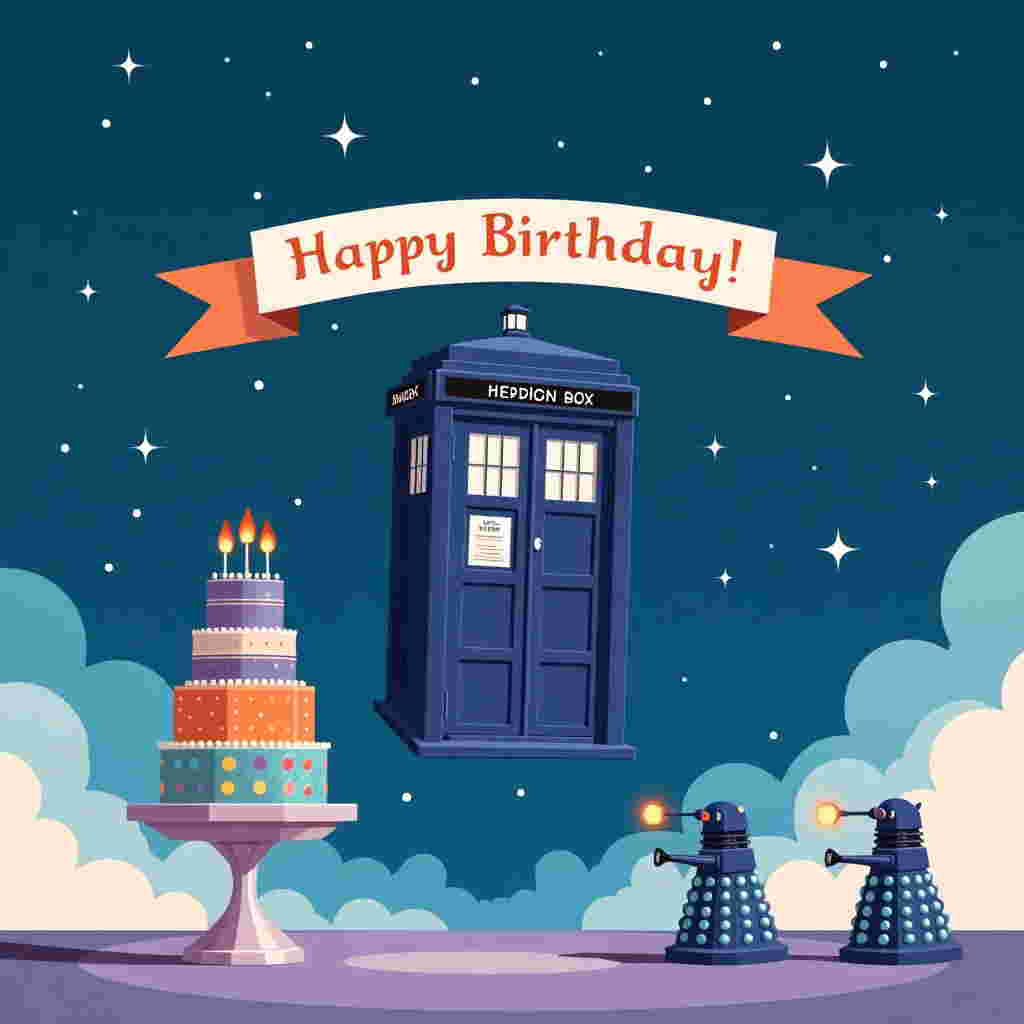 **Front Cover Description:**

Imagine stepping into a vibrant, flat vector realm where Doctor Who meets a birthday celebration. The scene is set against a deep TARDIS blue sky, speckled with minimalist white stars that seem to twinkle with the mysteries of time and space. 

In the foreground, a sleek, angular TARDIS sits slightly off-center, rendered with precise, clean lines in a flat style reminiscent of Yulia Sokolova and Orlando Arocena's work. Its doors are slightly ajar, suggesting a whisper of adventure. 

Hovering above, a stylish birthday banner arches across the card. This banner is formed from flat, geometric shapes, echoing Von Glitschka's flair for line work. The banner reads "lacey-jo" in a futuristic, sans-serif font that Patrick Seymour might design, the letters subtly morphing into iconic Gallifreyan symbols, hinting at a cosmic connection.

To the left, a minimalist birthday cake sits atop a retro-futuristic pedestal. The cake's layers alternate in colors of bright, flat orange and muted teal, nodding to Lisa Lopuck's bold palette choices. The top of the cake is adorned with stylized, flat-flame candles, their simplicity calling to mind Matt W. Moore's graphic patterns.

A few quirky, abstract Daleks, inspired by Cristiano Siqueira's imaginative forms, parade across the bottom of the card. Their shapes are simplified to essential lines and blocks of color, in muted grays and silvers, giving a nod to the show's iconic antagonists without overwhelming the scene.

In the background, subtle, flat clouds drift lazily by, rendered in a minimalist style akin to Malika Favre's elegance. These clouds are a soft lavender, providing a gentle contrast against the blue sky and harmonizing with the overall color scheme.

This greeting card captures the essence of Doctor Who's adventurous spirit and the joyous occasion of a birthday, all while keeping the design clean, modern, and distinctly stylized in the vector art tradition.
Generated with these themes: Doctor Who .
Made with ❤️ by AI.