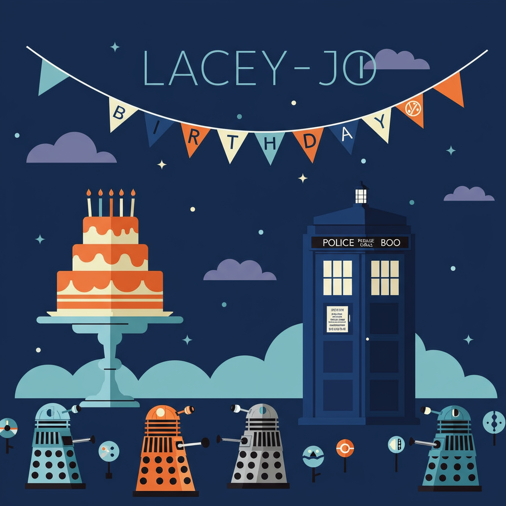 **Front Cover Description:**

Imagine stepping into a vibrant, flat vector realm where Doctor Who meets a birthday celebration. The scene is set against a deep TARDIS blue sky, speckled with minimalist white stars that seem to twinkle with the mysteries of time and space. 

In the foreground, a sleek, angular TARDIS sits slightly off-center, rendered with precise, clean lines in a flat style reminiscent of Yulia Sokolova and Orlando Arocena's work. Its doors are slightly ajar, suggesting a whisper of adventure. 

Hovering above, a stylish birthday banner arches across the card. This banner is formed from flat, geometric shapes, echoing Von Glitschka's flair for line work. The banner reads "lacey-jo" in a futuristic, sans-serif font that Patrick Seymour might design, the letters subtly morphing into iconic Gallifreyan symbols, hinting at a cosmic connection.

To the left, a minimalist birthday cake sits atop a retro-futuristic pedestal. The cake's layers alternate in colors of bright, flat orange and muted teal, nodding to Lisa Lopuck's bold palette choices. The top of the cake is adorned with stylized, flat-flame candles, their simplicity calling to mind Matt W. Moore's graphic patterns.

A few quirky, abstract Daleks, inspired by Cristiano Siqueira's imaginative forms, parade across the bottom of the card. Their shapes are simplified to essential lines and blocks of color, in muted grays and silvers, giving a nod to the show's iconic antagonists without overwhelming the scene.

In the background, subtle, flat clouds drift lazily by, rendered in a minimalist style akin to Malika Favre's elegance. These clouds are a soft lavender, providing a gentle contrast against the blue sky and harmonizing with the overall color scheme.

This greeting card captures the essence of Doctor Who's adventurous spirit and the joyous occasion of a birthday, all while keeping the design clean, modern, and distinctly stylized in the vector art tradition.
Generated with these themes: Doctor Who .
Made with ❤️ by AI.