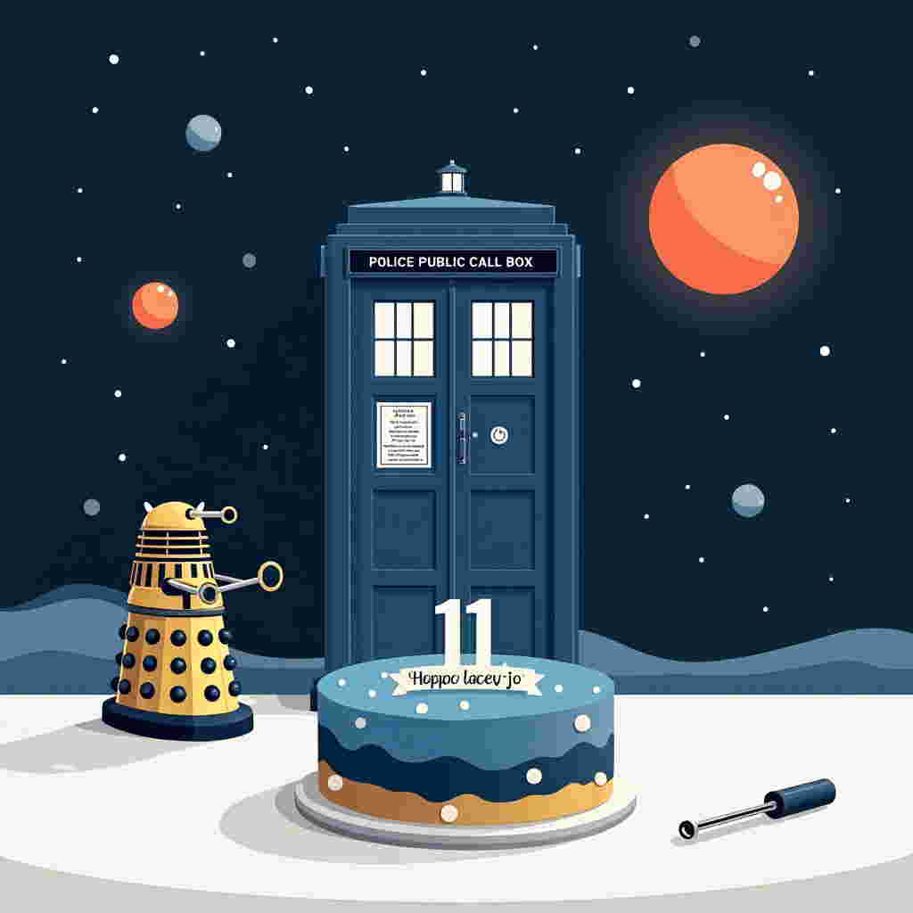 Front and center, a TARDIS stands majestically, its signature blue hue rendered in flat, vector shapes with sharp, clean lines. The structure is precise, with the classic "POLICE PUBLIC CALL BOX" sign in bold, white uppercase letters. To the left of the TARDIS, a single vector-styled Dalek is positioned, its casing composed of geometric patterns in metallic gold and black.

The background is a flat, space-themed sky, a deep navy canvas dotted with small white stars and crescent planets, echoing the endless possibilities of the Doctor Who universe. On the right, a minimalist silhouette of Gallifrey’s orange-red twin suns hover low, casting a soft glow over the scene.

In the foreground, a round birthday cake sits on a minimalist table. The cake is covered with smooth, flat icing in TARDIS blue, with a clean, white fondant number "11" (or another number relevant to the recipient's favorite Doctor) in the center. Around the cake's edge, small, vectorized edible decorations mimic planets and stars, aligning with the celestial theme.

A small banner drapes from the top left corner to the top right, its vector style using flat colors—white background with navy-blue text—reading "lacey-jo" in a playful, sans-serif font. The banner has subtle, wavy lines that suggest it is gently blowing in a non-existent breeze.

In the bottom right corner, there’s a small vector-styled sonic screwdriver lying flat on the surface, its design sleek and symmetrical, with silvers and blues adding to the cohesive color scheme.
Generated with these themes: Doctor Who .
Made with ❤️ by AI.