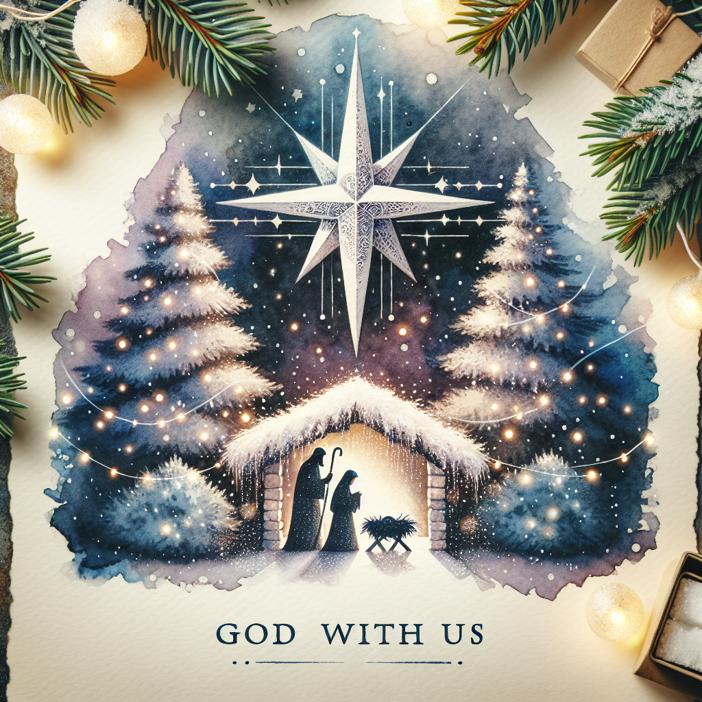 A tranquil watercolor scene shows the Nativity set before an evergreen tree covered in a dusting of snow and shimmering lights. The MarriageTeam logo is cleverly disguised as a special star atop the tree. Below, the timeless message 'God With Us' is tenderly scribed, embracing the composition with a sense of divine presence.
Generated with these themes: Nativity, Evergreen tree, MarriageTeam logo, .
Made with ❤️ by AI.