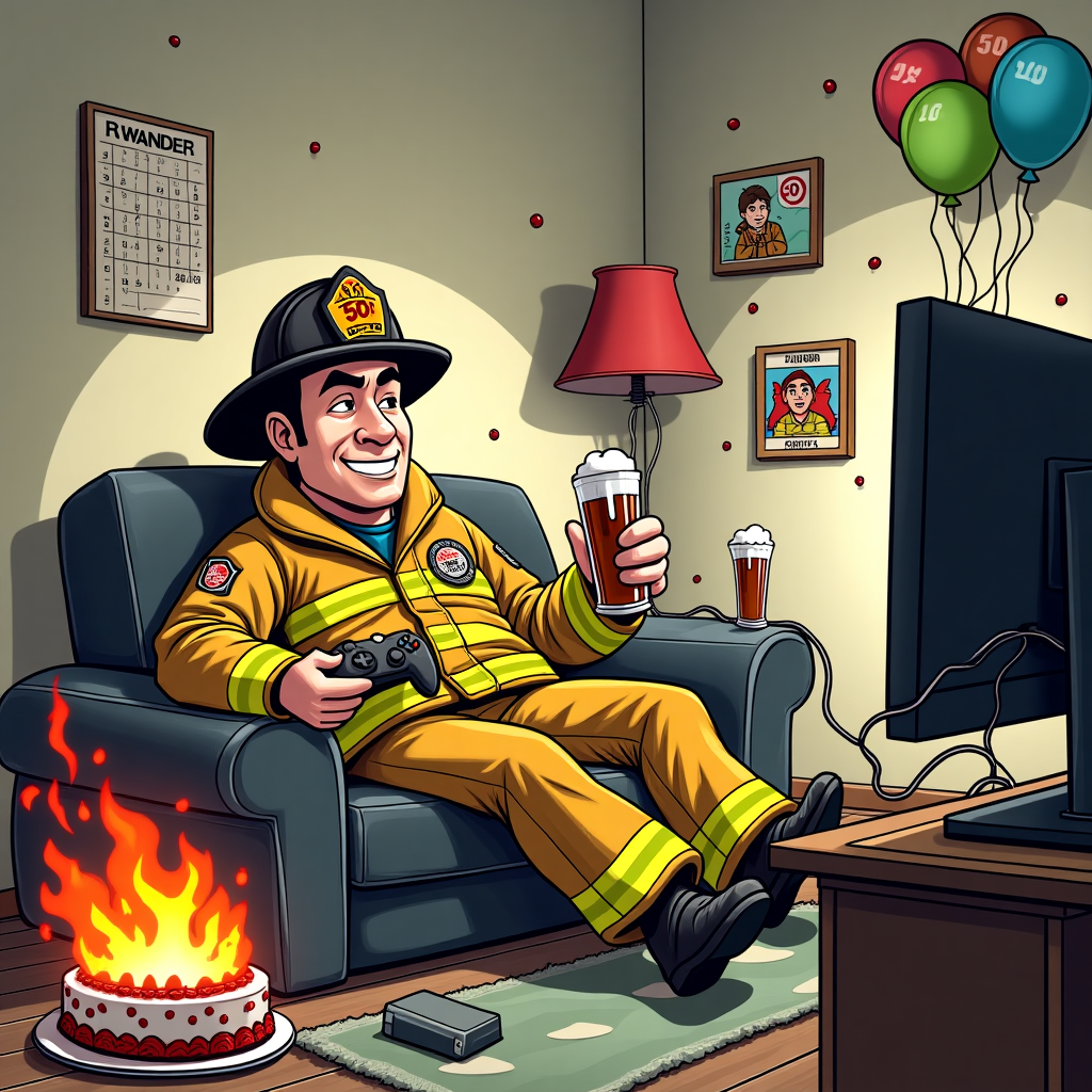 **Image Prompt:**

At the top of the illustration image: *"Happy 50th Will – Still Fighting Fires, Chugging Beers & Dominating Noobs!"*

Illustration description: A hilariously chaotic living room scene with Will dressed in a full fireman’s uniform—helmet slightly askew—lounging on a sofa. He’s got a frothy beer in one hand, an Xbox controller in the other, and a serious gamer face on. Around him, things are a comedic disaster: birthday cake is smouldering with fake flames, balloons have scorch marks, and his firefighter hose is tangled up in console wires. On the screen, his Xbox avatar (also a fireman) is saving the day while drinking pixelated beer. A calendar on the wall has a big "50!" circled and surrounded by cheeky doodles.

Style: Playful, cartoonish illustration with exaggerated expressions and lots of fun little background details for extra laughs.
Generated with these themes: Fireman, Beer, and Xbox.
Made with ❤️ by AI.