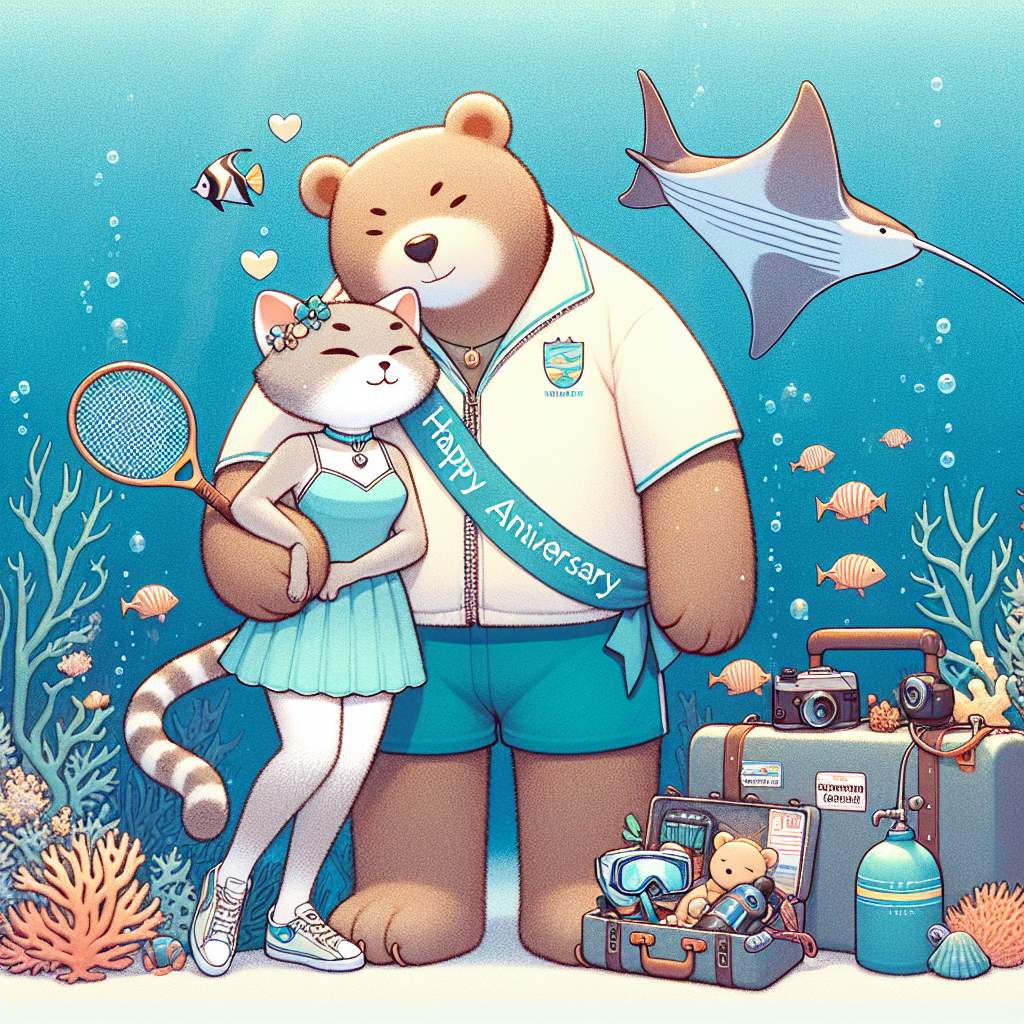 Create a lighthearted illustration celebrating an anniversary featuring an anthropomorphic couple, in a style inspired by soft-line, animated cartoons. The girlfriend is an exotic shorthair cat, dolled up in Tiffany blue attire, wielding a tennis racket as a nod to their shared passion for the sport. The boyfriend is a big, friendly bear exhibiting an attentive gesture, with one ear angled towards his girlfriend. The scene is set underwater, enveloped by coral and a gracefully drifting manta ray, signifying their scuba diving excursions. Tiny diving equipment and luggage are placed to the side, with the bear adorning a sash labeled 'Project Manager'. The couple is warmly embracing, radiating affection. Both of them have their eyes closed, enveloped in tranquility as they appear to be asleep, showcasing the comfort and happiness of their shared experiences.
Generated with these themes: Exotic short hair cat small size, Tennis, Tiffany blue, Mofusand cartoon, First valentine, Scuba diving, Manta ray, Project Manager, Boyfriend listening to girlfriend, Traveling, Hugging, Sleeping, Boyfriend is like a bear, and Girlfriend is the cat.
Made with ❤️ by AI.