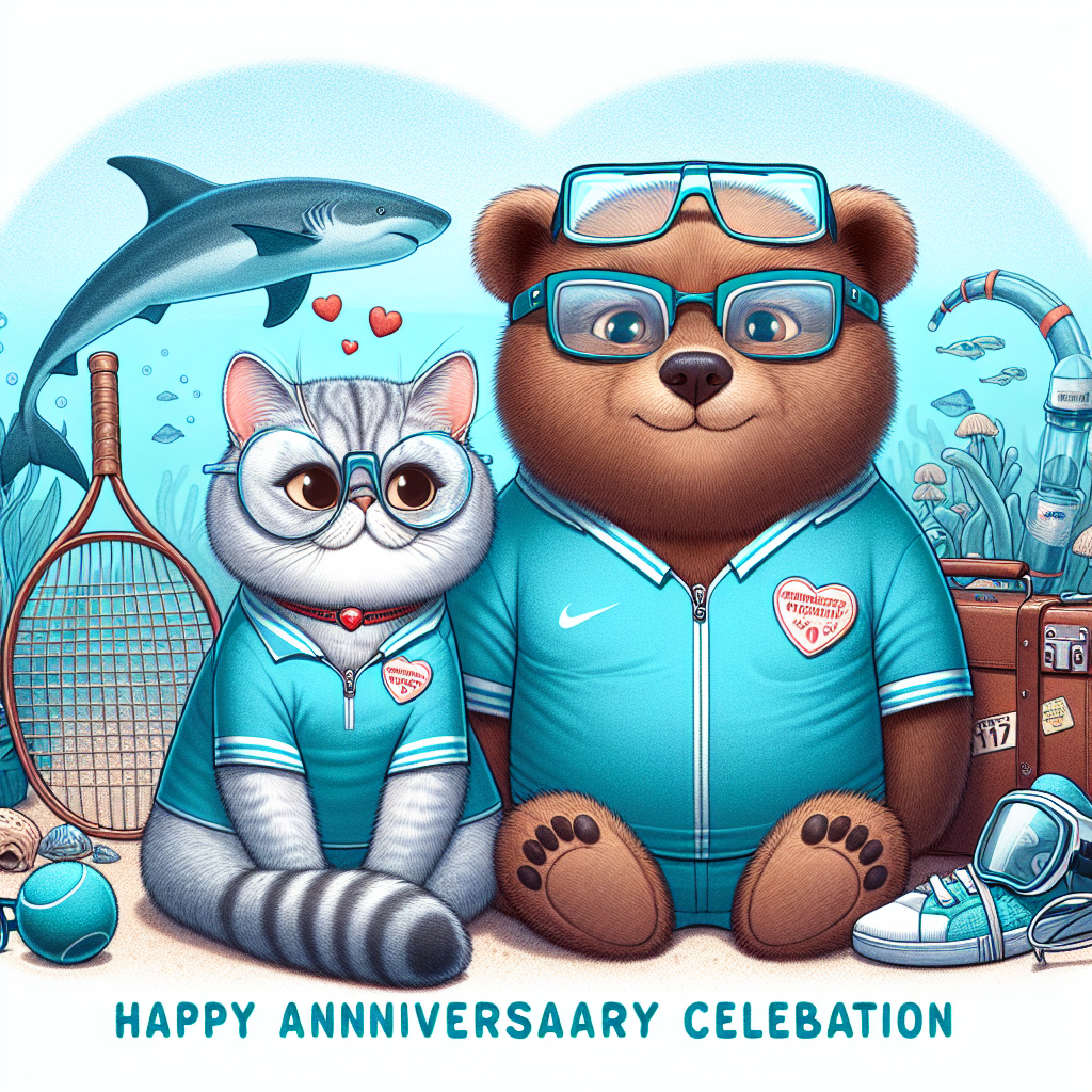 For an anniversary celebration illustration, imagine a small-sized exotic shorthair cat in shades of Tiffany blue, cuddled next to her boyfriend who is represented as a bear. These characters, reminiscent of adorable animated characters in 1910s cartoons, are playfully visualizing their first Valentine's Day together. The scene has elements of tennis, like a nearby ball and racket. They are situated on a beach with a backdrop featuring scuba diving gear with a manta ray swimming in the distance, indicating their love for adventures. The bear maintains an attentive posture as if he's absorbing every story from his feline girlfriend with interest. Notice the 'Project Manager' badge on the bear and travel-themed items like suitcases around them, subtly suggesting their unique personalities and combined hobbies.
Generated with these themes: Exotic short hair cat small size, Tennis, Tiffany blue, Mofusand cartoon, First valentine, Scuba diving, Manta ray, Project Manager, Boyfriend listening to girlfriend, Traveling, Hugging, Sleeping, Boyfriend is like a bear, and Girlfriend is the cat.
Made with ❤️ by AI.