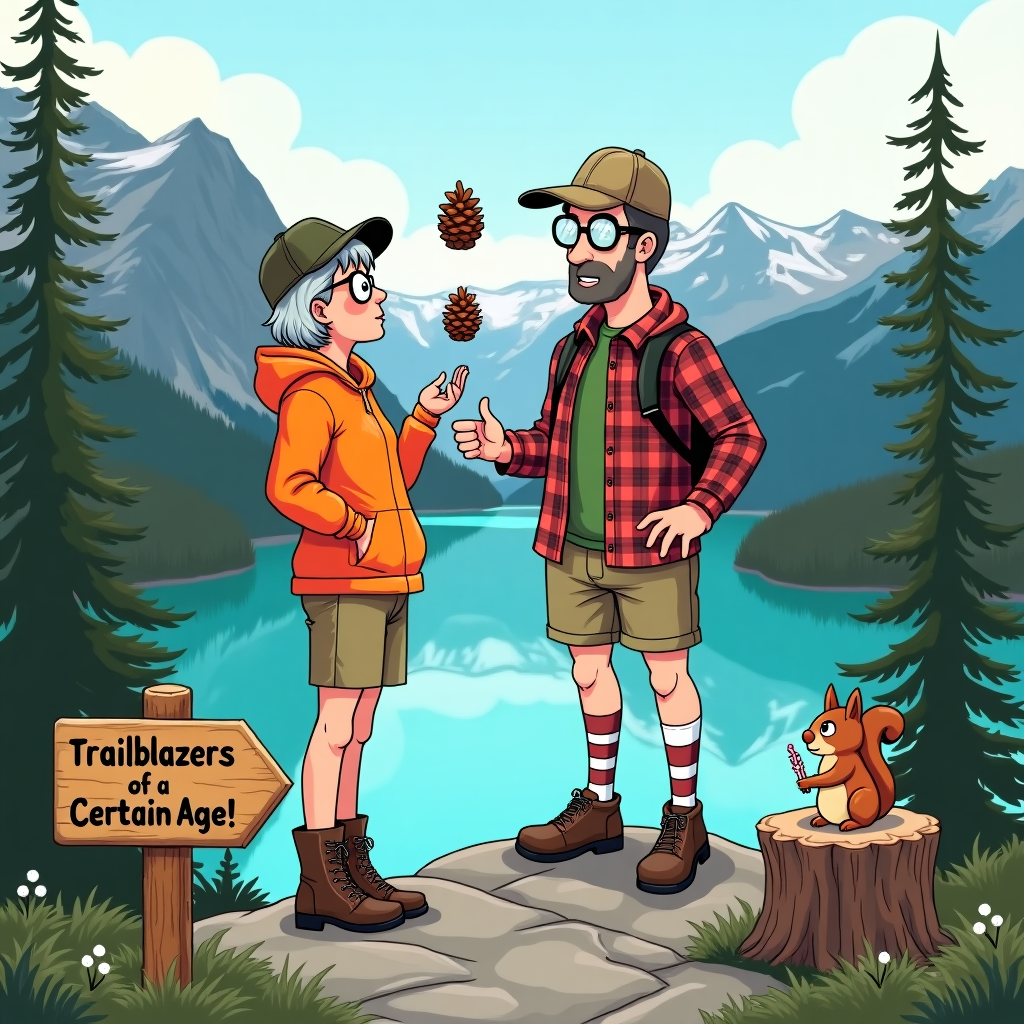 On the front cover of this humorous birthday card, set against the breathtaking backdrop of the Canadian wilderness, a slim 60-year-old woman stands on a rocky outcrop, taking in the majestic views of towering pine trees, distant snow-capped mountains, and a glistening turquoise lake below. She's equipped in full hiking gear: sturdy boots, khaki hiking shorts, and a bright, neon orange windbreaker that seems a tad too vibrant for the serene surroundings. Her short, silver hair peeks out from beneath a well-worn baseball cap, and she peers through large, slightly askew glasses that magnify her eyes comically, as if in awe or surprise. Beside her, her husband stands with a mischievous grin, juggling three pinecones as if auditioning for a circus. His outfit is just as comical—a lumberjack-style flannel shirt tucked into his shorts with mismatched hiking socks pulled up to his knees. A friendly, nosy squirrel perches on a tree stump nearby, seemingly captivated by the husband's juggling act. In the foreground, a wooden signpost humorously declares, "Trailblazers of a Certain Age," pointing towards the path they’ve just conquered. A cartoon-style birthday cake, with candles precariously balanced on a rock beside them, hints at the celebration, completing the scene with a quirky touch.
Generated with these themes: A slim lady of 60 years is hiking in the Canadian wilderness.  she has stopped to contemplate and look at the views. she has short hair and is wearing glasses, her husband is with her..
Made with ❤️ by AI.