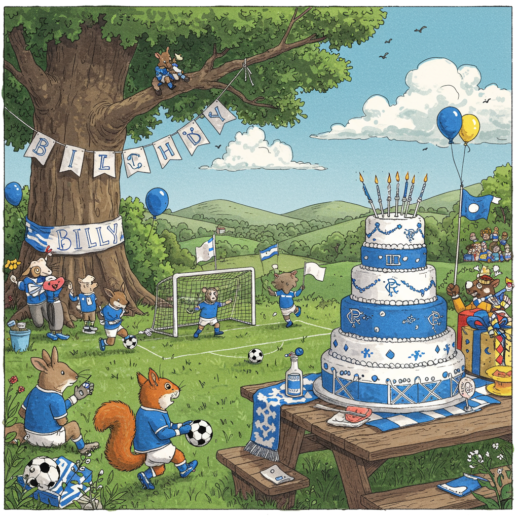 The front cover of this birthday greeting card is a lively, intricate illustration inspired by the detailed and expressive style of classic illustrators, with a humorous twist. Imagine a bustling, playful birthday scene set in a park, rendered in an exuberant hand-drawn style reminiscent of Quentin Blake's whimsical line work combined with the detailed textures found in Arthur Rackham’s illustrations.

At the center of the scene, a large, tiered birthday cake sits on a picnic table, whimsically designed in Rangers FC colors: royal blue and bright white. The cake is adorned with playful, miniature football players and a tiny football pitch on the top tier, creating an unexpected humorous focal point. This pitch has tiny flags with the Rangers FC logo dotted around it.

To the left, a lively group of cartoonish animals, drawn in a style echoing Beatrix Potter but with exaggerated expressions, are joyfully engaged in a football match. A squirrel in a blue-and-white striped jersey triumphantly dribbles a football past a fox goalie wearing oversized goalkeeper gloves.

In the background, under a big, old tree, a large, colorful banner strung between two branches reads "Billy" in bold, playful letters reminiscent of a child’s handwriting, each letter decorated with its own tiny football motifs.

Behind the scene, the landscape is filled with lush, rolling green hills painted in Maxfield Parrish's vibrant, luminous hues, and fluffy, hand-drawn clouds drifting across a clear, cerulean sky. There’s a hint of the crowd in the distance, illustrated in Gustave Doré’s detailed style, with fans wearing tiny blue-and-white scarves waving miniature Rangers flags.

The entire scene is infused with a playful energy, encouraging the viewer to explore the numerous comical details, like a small mouse referee blowing a whistle, perched atop a mushroom on the edge of the field. The overall effect is a vibrant and intricate tapestry of a birthday celebration, lovingly imbued with a touch of humor and a nod to Rangers FC fandom.
Generated with these themes: Rangers FC.
Made with ❤️ by AI.