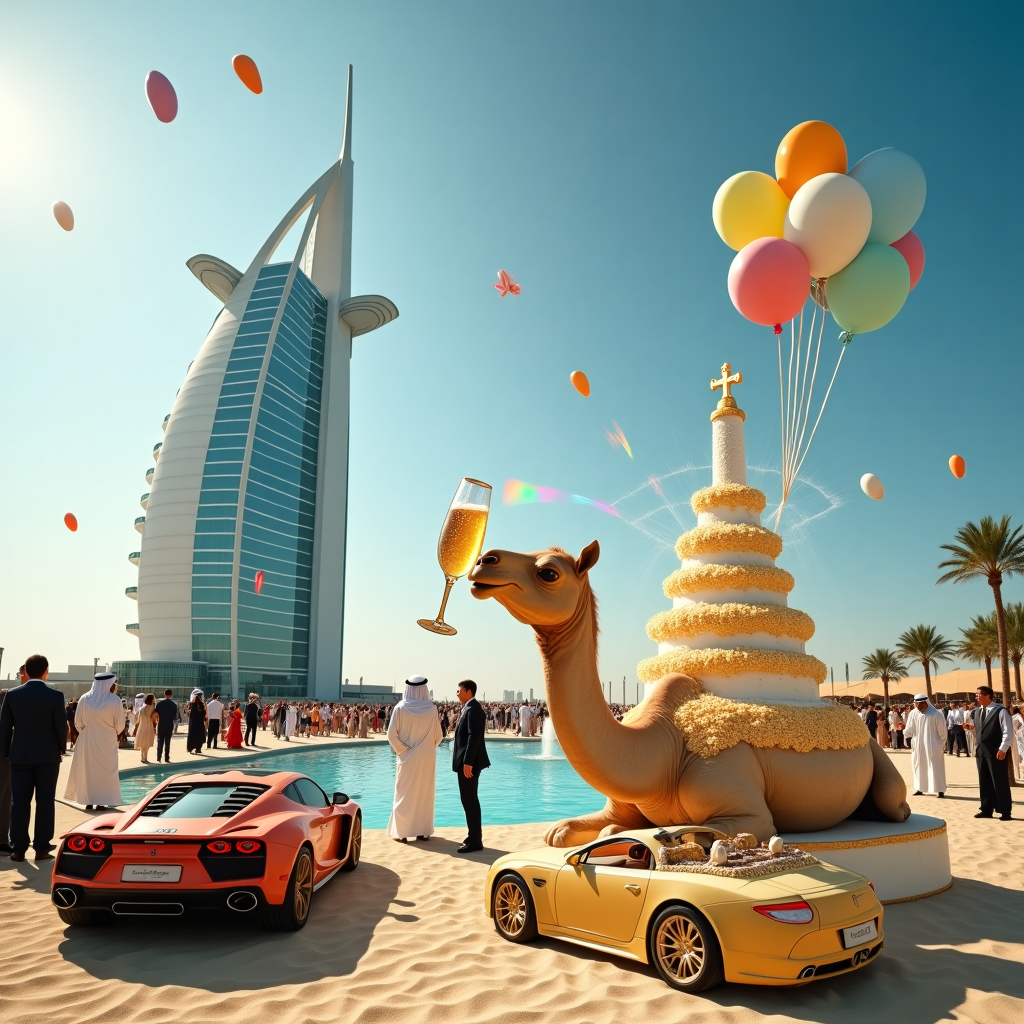 Imagine a bustling scene set against the backdrop of Dubai's iconic skyline, where the towering Burj Khalifa stands proudly piercing the clear blue sky. At the forefront, we see a whimsical twist to the city's grandeur: a gigantic, over-the-top birthday cake in the shape of the famous Burj Al Arab hotel, complete with intricate icing details replicating its sail-like structure. Surrounding the cake is a lively gathering of well-dressed guests donning traditional Emirati attire mingling with flamboyant party hats. In the midst of the scene, a dromedary camel, casually sitting on the sandy ground, raises its long neck to sip from an oversized champagne flute perched beside it, a frothy spill of golden bubbles cascading down. Nearby, a luxurious sports car with golden hubcaps is parked, and its roof hosts a miniature fountain spewing real champagne into the air, with a stream catching the sunlight and casting rainbows around. Balloons shaped like palm trees and flying carpets drift lazily above, casting playful shadows on the sands below. This captivating blend of opulence and whimsy perfectly encapsulates the vibrant spirit of a Dubai-themed birthday celebration, with champagne and extravagance at its heart.
Generated with these themes: Dubai, and Champagne.
Made with ❤️ by AI.