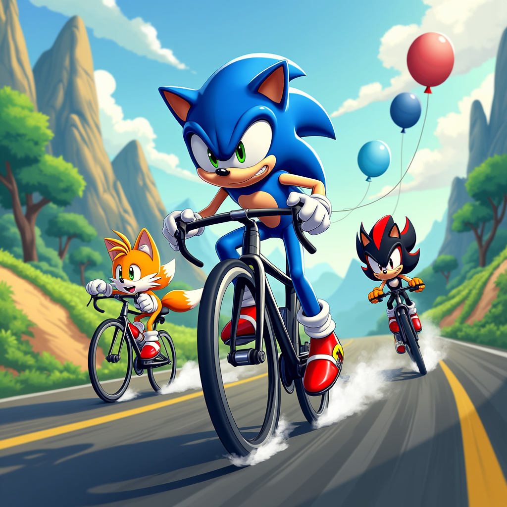 Sonic hedgehog, Tails fox, Shadow hedgehog, Cycling, Aerodynamic , Triathlon bike, Wearing helmet, Cervelo TT bike, and Aero bars on bike Birthday Card