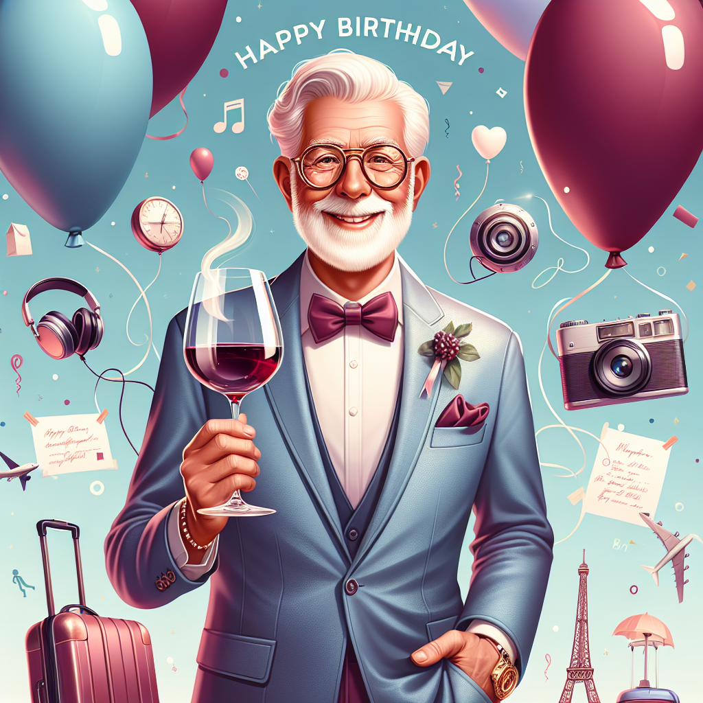 Create an illustration of a jovial, clean-shaven elderly man in his 70s, radiating wisdom and happiness. The backdrop of this scene is filled with lively claret and baby blue colors, setting a festive, birthday-themed ambience. Surrounding the central figure are floating balloons and scattered across the scene are suitcases and subtle suggestions of famous travel landmarks. The birthday celebrant, standing with a note of elegance, holds a glass of exquisite wine in one hand, while DJ headphones rest around his neck, signifying his love for music and adventures.
Generated with these themes: Clean shaved older man, 70th, Travel, Wine, Djing, and Claret and baby blue.
Made with ❤️ by AI.