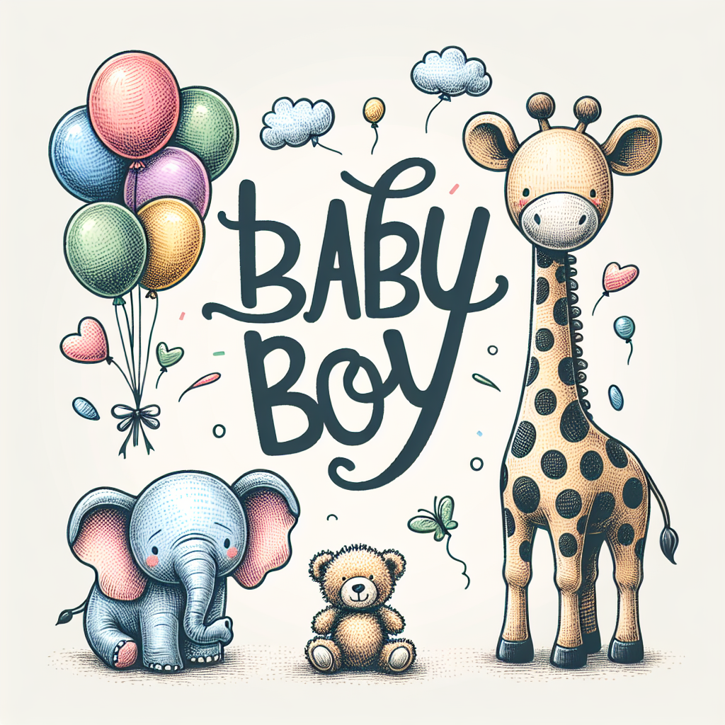 Create a tender and adorable vector image in celebration of a newborn baby boy. The image features a lively elephant and a towering giraffe positioned next to a cluster of vibrant balloons. Inscribed in the heart of the image are the words 'Baby Boy', articulated in a merry and juvenile style of font. Floating above, a fuzzy teddy bear hangs from one of the balloons, contributing an element of coziness and reminiscence to the scene.
Generated with these themes: Baby Boy, Elephant, Giraffe, Balloons, and Teddy Bear.
Made with ❤️ by AI.
