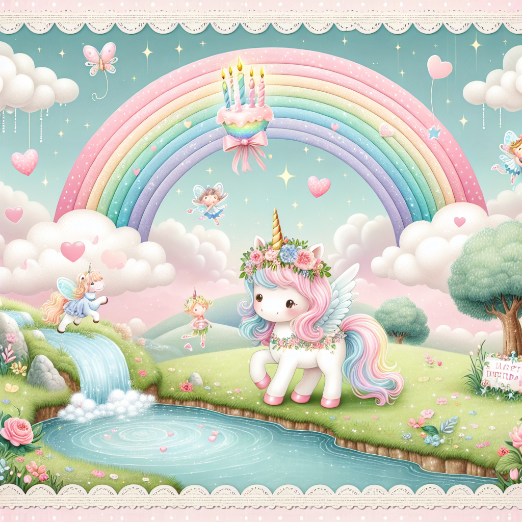 Create a captivating storybook-style birthday illustration. This enchanting scene should feature a pastel rainbow that stretches across the sky, accompanied by a smattering of fluffy clouds. Beneath the sky, include playful fairies darting around, offering a sense of whimsy. Foreground should prominently display a gentle unicorn that is adorned with a garland decorated with hearts, positioned near a bubbly, small stream. The entire scene is surrounded by a border which contains soft vignettes of various fairy tales. The entire image should embody the magic of birthdays.
Generated with these themes: Fairies, Rainbows, Fairytales , Unicorns, and Hearts.
Made with ❤️ by AI.