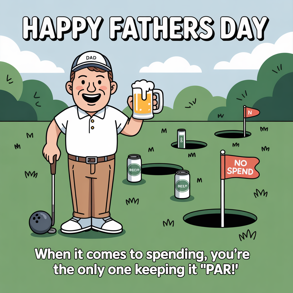 At the top of the image, "Happy Fathers Day"

At the bottom of the image, "When it comes to spending, you're the only one keeping it 'par'!"

- Illustrate a humorous scene where a dad, wearing a quirky golf outfit, stands proudly in his backyard. In one hand, he holds a lawn bowling ball, and in the other, a frosty beer mug. Nearby, his makeshift golf course features empty beer cans as holes, with a "No Spend" flag sticking out of one of them. The dad is sporting a big grin, as if having just achieved a 'hole-in-none' with a clever budget-friendly spin!
Generated with these themes: Lawn bowling , Golf, Beer, Not spending money, and .
Made with ❤️ by AI.
