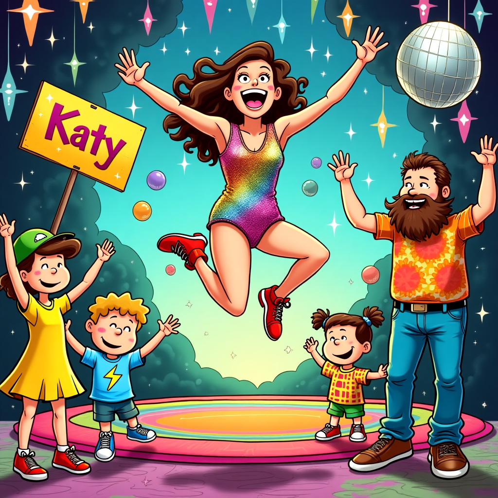 In the foreground, a joyful woman is mid-air, having launched herself off a rainbow-striped trampoline. Her features are playfully exaggerated, reminiscent of Bill Watterson’s lively style. She’s wearing a sparkling disco outfit with sequins that catch every color of the rainbow, and her hair seems to float around her as if defying gravity. Her arms are outstretched in excitement, and her shoes are bright red with oversized laces.

To the left, a young girl, with a cheerful expression akin to characters from Charles Schulz’s Peanuts, claps her hands energetically. She’s wearing a bright yellow dress with polka dots, and her hair is tied in playful pigtails, each with a different colored bow.

Next to her, a small boy wearing a vivid green cap and a blue T-shirt with a comic-style lightning bolt, reminiscent of the playful designs in Osamu Tezuka’s works, pumps his fist into the air. His sneakers are comically large, adding a whimsical touch to his ensemble.

To the right, a tall man with a full, curly beard reminiscent of a character from Gary Larson’s The Far Side, wears an outrageous tie-dye T-shirt and bell-bottom jeans. He’s holding a sign with both hands, painted in bold letters: “Katy”, surrounded by stars and spirals that seem to pop out of the sign.

In the background, multicolored disco lights cascade down like a waterfall of hues, their reflections bouncing off a mirrored disco ball that hangs from a cloud. This sky element, inspired by the intricate detailing of Hergé, is dotted with cartoonish, fluffy clouds, some of which appear to have faces, winking or smiling playfully.

All around the scene are balloons of various sizes, decorated with swirling patterns and bright, bold colors, similar to the imaginative style of Winsor McCay. The ground beneath the trampoline is a swirl of abstract, swirling lines, like something from a R. Crumb comic, suggesting movement and energy, guiding the viewer's eye back to the centerpiece: the jubilant woman in mid-flight.
Generated with these themes: Happy lady jumping on a trampoline, Bright colours, Disco vibe, and  cheered on by a girl, a small boy and a man with a beard.
Made with ❤️ by AI.