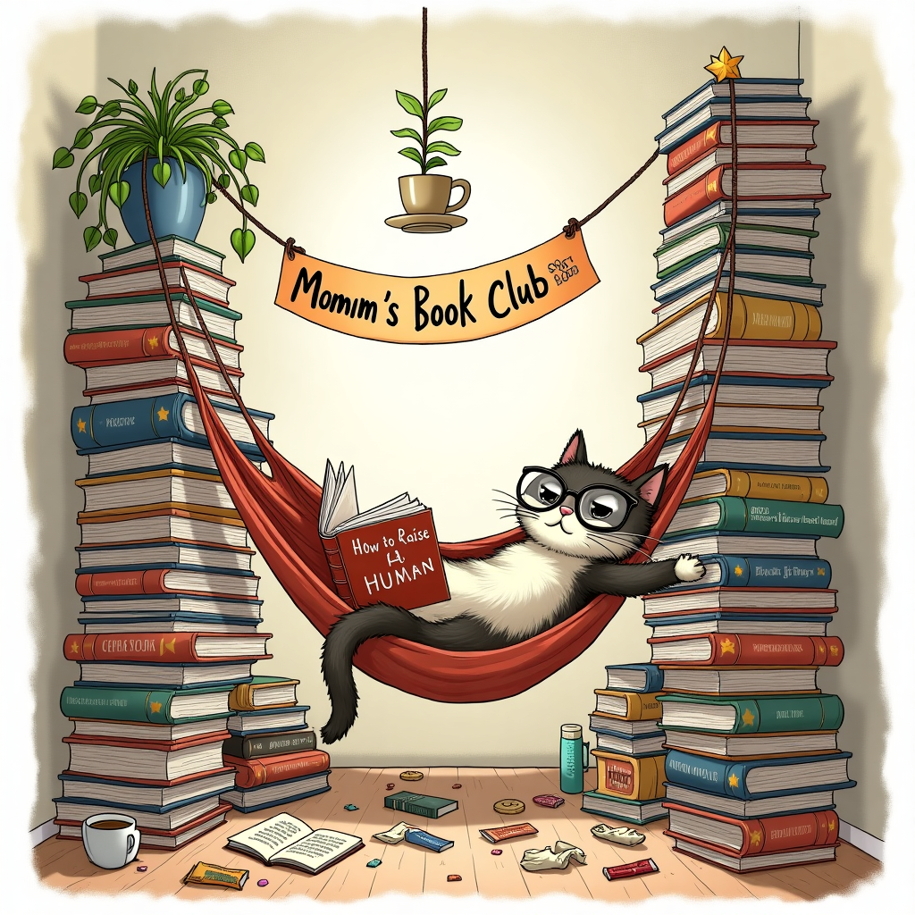 At the top of the illustration image, “Happy Mother's Day, Momm — You're booked solid (and still shelf-sufficient!)”

A cozy, cluttered reading nook comes to life: a mountain of books stacked so high it bends the laws of physics, all balanced expertly by a smug-looking cat lounging in a hammock strung between two towers of paperbacks. The cat wears oversized reading glasses and is nose-deep in a novel titled “How to Raise a Human.” Scattered coffee cups, crumpled notes, and open snack packets complete the chaotic harmony. A plant dangles dangerously overhead with a tiny banner hanging from it reading, “Momm's Book Club: Population 1, Zero Judgement.”
Generated with these themes: reading .
Made with ❤️ by AI.