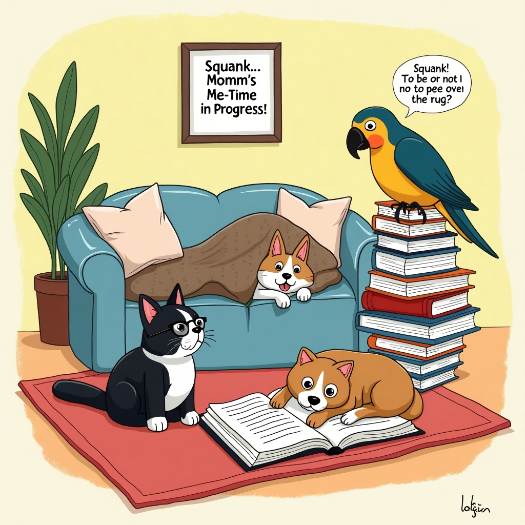 **Prompt:**  
At the top of the illustration image: *Happy Read-a-Mum’s Day, Momm!*  

An illustrated scene of a cozy reading nook that has clearly been taken over by mischievous pets pretending to read — a cat is wearing reading glasses upside down while sprawled on an open romance novel, a dog is buried under a blanket with a pile of cookbooks, looking bewildered, and a parrot is perched atop a stack of books dramatically quoting Shakespeare ("Squawk! To be or not to pee on the rug?"). In the background, there’s a framed sign that reads "Shhh... Momm’s Me-Time in Progress!" The overall style is bright, colorful, and whimsically detailed with soft textures and comical expressions, celebrating Mom’s sacred reading time—when even the pets *pretend* to chill.
Generated with these themes: reading .
Made with ❤️ by AI.
