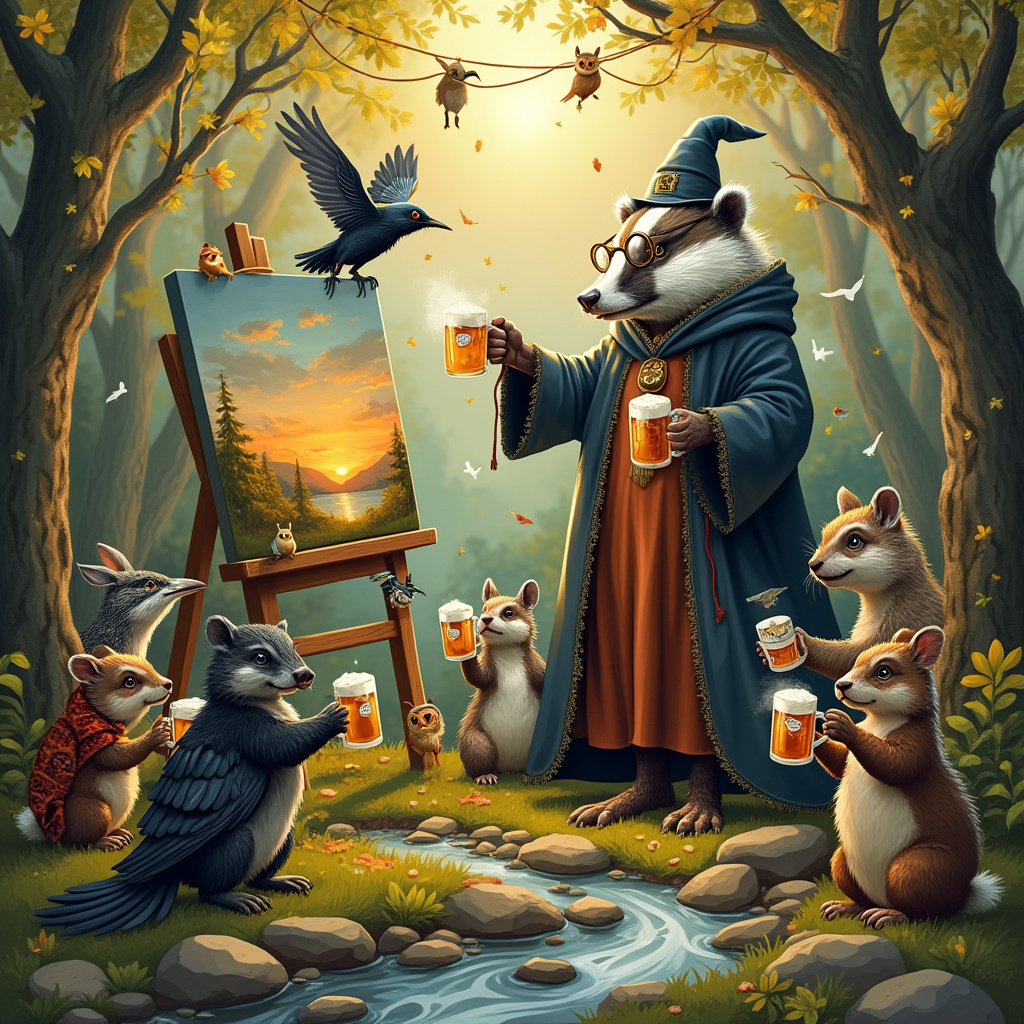 In a whimsical, richly illustrated woodland scene, an ensemble of quirky characters is gathered for a raucous birthday celebration. At the heart of this scene stands an elderly badger donned in a robe that uncannily resembles that of Dumbledore’s, complete with a pointy wizard hat perched atop its head. This badger, with its long, white whiskers and twinkling eyes behind spectacles, is casting an enchantment over a canvas that rests on an easel beside him. The canvas appears to be painting itself with a vivid landscape, the paintbrush floating magically in the air.

Surrounding the magical badger is a motley crew of corvids, including crows, ravens, and magpies, each decorated with tiny metallic accessories—like miniature heavy metal band pins—hanging from their feathers. These corvids seem to be cawing in sync with a tiny rock band of hedgehogs strumming guitar strings made from strands of spider silk, adding a rhythmic, rebellious energy to the scene.

Scattered across the forest floor are smooth pebbles arranged in a circle, serving as seats for a party of furry woodland creatures all raising tiny mugs filled with frothy cider, the golden liquid glistening in the dappled sunlight filtering through the trees. Each creature is unique, with rabbits sporting tiny vests, a squirrel wearing a patched-up scarf, and a mole peering out from behind oversized spectacles.

Amidst this tableau of jubilant chaos, the surrounding trees are alive with activity, adorned with strings of leaves and berries woven like garlands. Nature itself seems to be in on the celebration; a family of owls perches above, observing the festivity with curiosity. In the background, the gentle hues of a sunset sky are mirrored in the bubbling brook, where tiny fish leap joyously, further accentuating the magical atmosphere. This scene captures the essence of an eccentric, enchanted birthday party where magic, music, and merriment collide in a feast for the eyes.
Generated with these themes: Badgers, Dumbledore , Corvids, Painting, Heavy metal, Pebbles, Cider, and Nature.
Made with ❤️ by AI.