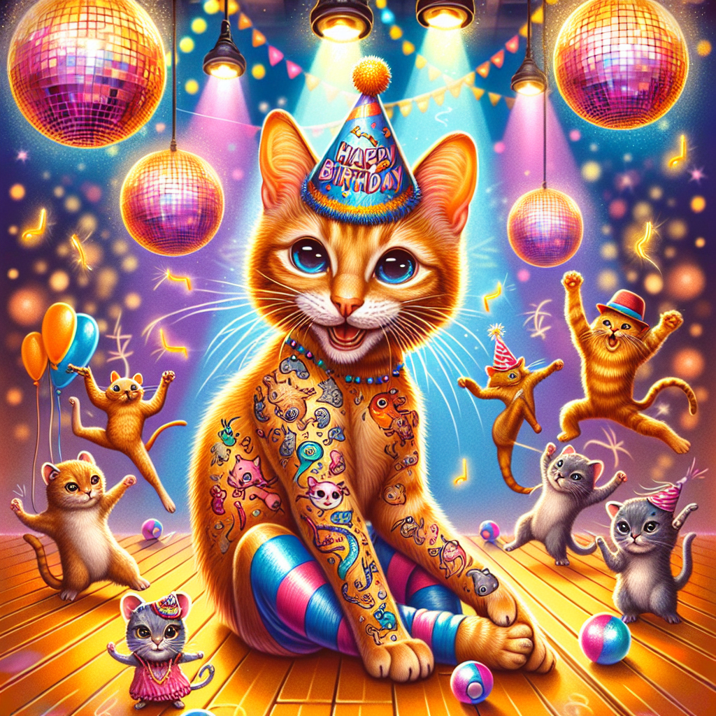 Envision a vibrant and whimsical birthday illustration that showcases a ginger cat adorned with playful tattoos of tiny mice and fish. This mischievous feline is seen dancing joyfully under the shimmering lights from multiple disco balls. The cat exhibits his party spirit by wearing a festive hat and it is seen grooving on a dance floor painted with various shades of orange, reflecting the festive ambiance. Surrounding the main character, there are multiple cats of different sizes and colors, each portraying a unique sense of style, participating equally in the festive energy of the event.
Generated with these themes: Ginger cat, Tattoos, Disco balls , Orange, and Cats.
Made with ❤️ by AI.