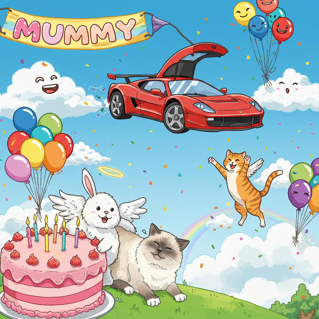 The front cover of this birthday greeting card bursts with vibrant colors and playful chaos, reminiscent of a whimsical cartoon strip. In the foreground, a white lop-eared fluffy bunny sits perched atop a plump, striped birthday cake, its ears exaggeratedly long and floppy, adorned with a shimmering halo that glows a soft golden hue. The bunny’s bright blue eyes gaze forward, adding a sense of animated curiosity.

Beside the bunny, a Ragdoll cat, with its silky fur rendered in shades of cream and blue-grey, is stretched out lazily, one paw dangling over the edge of the cake, its eyes half-closed in contentment. Next to the Ragdoll, a sprightly ginger cat with stripes of vivid orange leaps into the air, paws outstretched toward a swarm of colorful, oversized balloons that dot the sky like a confetti explosion.

Dominating the scene, a gleaming red sports car with magnificent white wings is suspended in mid-air, as if caught mid-flight. The car’s glossy finish reflects the scene below, and its comically large eyes on the windshield give it a lively personality, reminiscent of classic animation styles.

The background showcases a clear blue sky with puffy white clouds, each cloud playfully shaped like various birthday-themed items, such as a slice of cake and a wrapped gift. In the distance, a rainbow arches across the sky, each band of color boldly delineated as if painted with a cartoonist’s brush.

In the upper left corner, a brightly colored banner unfurls across the sky, with the word “Mummy” written in big, cheerful letters, the text styled as if made from the loops and swirls of frosting. This banner is tethered to the wings of the sports car, as if the car is flying across to deliver the message.

The entire scene is framed by a border of illustrated party hats and streamers, adding to the festive, dynamic feel of the illustration. The style combines the expressive line work reminiscent of Bill Watterson’s playfulness with a nod to the color palettes used by Walt Disney, creating a lively and imaginative birthday scene that is full of character and charm.
Generated with these themes: White lop eared fluffy bunny with halo, Ragdoll cat, Ginger cat, and Red sports car with wings.
Made with ❤️ by AI.