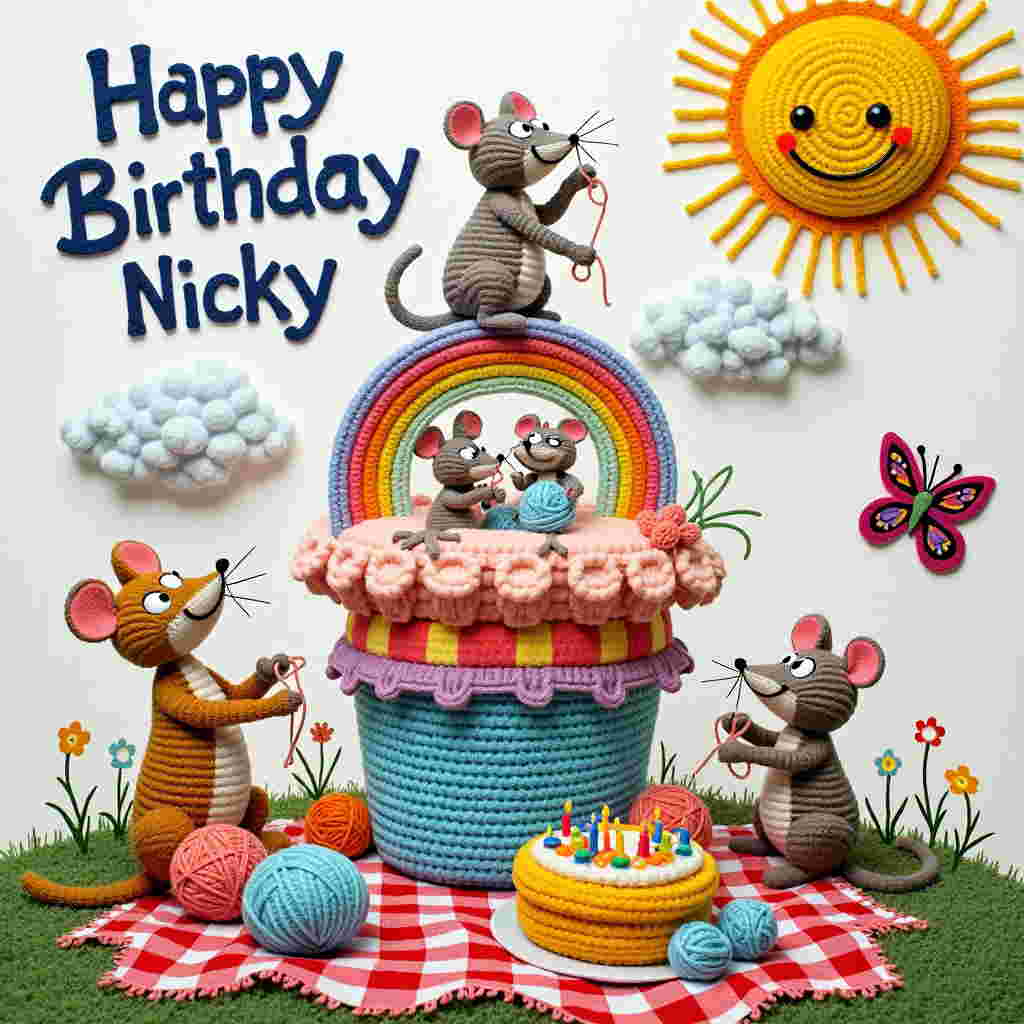 In the center of this whimsical birthday card scene, a delightfully quirky crocheted landscape unfolds. A giant, pastel-colored crochet cupcake towers above, with swirls of yarn icing in shades of lavender, mint, and peach. Perched on top of this yarn masterpiece, a group of mischievous cartoon mice, reminiscent of those in Disney's early animations, are having a crochet picnic. One mouse, with exaggerated features like those found in R. Crumb's work, holds a crochet hook like a conductor's baton, orchestrating their crochet endeavors.

A vibrant crochet rainbow arches over the scene, with "Happy Birthday Nicky" spelled out in colorful yarn letters within the clouds, in a playful font inspired by Bill Watterson's Calvin and Hobbes. Below the cupcake, a large crochet cake with layers of alternating yarn patterns and textures sits on a picnic blanket. It is decorated with tiny candles that are whimsically curved and seemingly come alive, reminiscent of characters from Schulz's Peanuts.

To the left, a curious crochet cat, inspired by Gary Larson’s The Far Side, is unraveling a ball of yarn that forms part of a crochet flower garden. These flowers have exaggerated petals that resemble characters in Winsor McCay’s dreamscapes. On the right, a crochet butterfly flutters around, its wings adorned with intricate patterns akin to Hergé’s Tintin backgrounds.

In the sky, a friendly, cartoon sun with a face straight from Osamu Tezuka’s vibrant manga style smiles down, its rays made of yarn strands, adding warmth to this crochet wonderland. The scene is framed with a border of crochet loops, giving it a tactile finish, ensuring Nicky's birthday card is not only a visual treat but a celebration of creativity and imagination.
Generated with these themes: Crochet.
Made with ❤️ by AI.