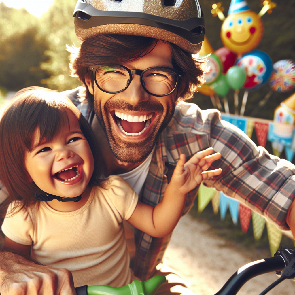 Create a heartwarming picture of a petite, Caucasian man with brown hair hidden under a helmet and sizable glasses reflecting sunlight. He joyfully laughs with his toddler daughter who is 18 months old, sharing his jubilant persona. She has straight dark hair. They are seated on cheerful mountain bikes, exploring a trail adorned with a multitude of birthday themes, embodying their shared delight and the joyous atmosphere.
Generated with these themes: Small thin man with brown hair and big glasses with daughter who is aged 18months with dark straight hair. They are laughing and riding mountain bikes together.
Made with ❤️ by AI.