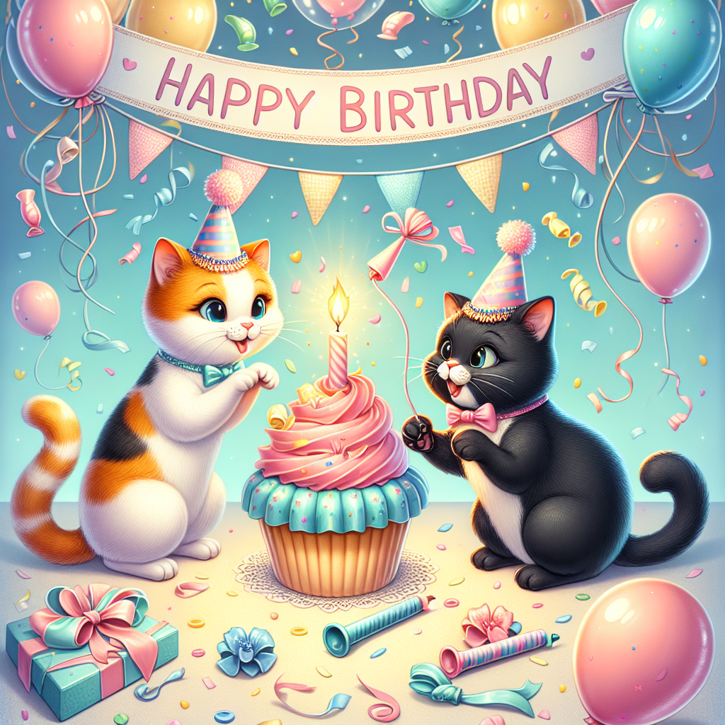 A lively birthday party scene is depicted, adorned with pastel-coloured confetti and balloons. Taking centre stage are a charming calico cat and a svelte black cat, both festively donned in party hats. In the calico cat's paws, a delightful cupcake holds a burning candle, showcasing a warm, inviting glow. The black cat, on the other hand, seems to be engaged in a playful act, swatting at the floating string of a balloon that hovers near it. Hovering over the fun scene, a banner displaying the words 'Happy Birthday', written in a fanciful, cartoon-like style, completes the image.
Generated with these themes: Calico cat , and Black cat.
Made with ❤️ by AI.