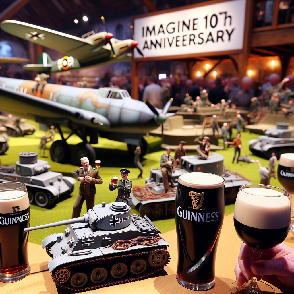 Imagine a meticulously designed 10th anniversary scene that succeeds in entwining history with a deep sense of passion. Central to this evocative setting are expertly crafted scale models of WWII era German tanks and classic airplanes from the same period, arranged with a keen eye for detail. The ambiance is animated with the lively rhythm of rockabilly tunes from the 1950s, making subtle references to the vibrant dances and rich culture of the 1940s. Guests are seen raising their glasses filled with dark, frothy Guinness, a significant symbol of a decade filled with shared experiences and an ever-growing bond.
Generated with these themes: Ww2 German tanks, Ww2 aeroplanes, 1950s rockabilly music, 1940s, Guinness, and 10th Anniversary.
Made with ❤️ by AI.