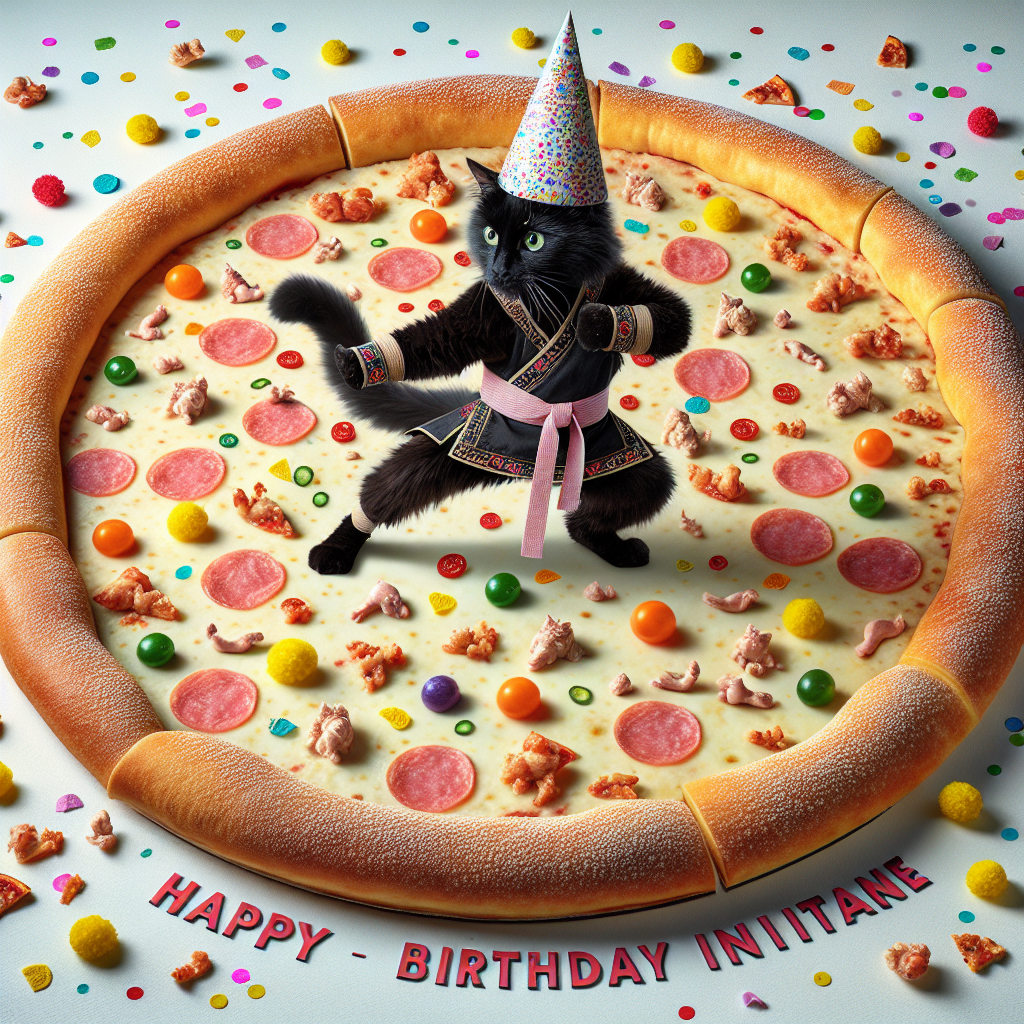 Imagine a whimsical birthday invitation. This invitation is characterized by the image of a comical black cat. This is no ordinary feline - it is stylishly dressed in a traditional kung fu outfit and striking a playful martial arts pose. The backdrop for this scene is incredibly unique, set atop a tremendously oversized pizza. The crust of this pizza serves as the outer boundary of our fun-filled image and within these borders, you will find a multitude of colorful toppings. Scattered throughout the pizza, these toppings add an interesting design element, appearing like confetti, signifying celebration.
Generated with these themes: Black cat kung fu pizza.
Made with ❤️ by AI.