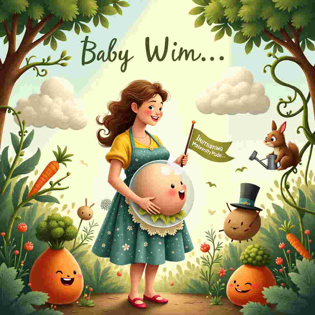 The illustration for the greetings card depicts a whimsical, fantastical scene in the style of a quirky children's storybook. At the center, we find a joyful, cartoonish pregnant woman, her round belly transparent like a crystal ball, revealing a tiny, content baby inside, who is waving a tiny flag that reads "Hello World!". The woman is wearing a vibrant, floral dress reminiscent of Beatrix Potter's nature-inspired palettes, with an apron embroidered with delicate vines—an homage to Arthur Rackham's intricate designs. Her hair flows in wavy, exaggerated curls, similar to a character from a Quentin Blake illustration. She's standing in the middle of a lush garden, surrounded by oversized, anthropomorphic vegetables—smiling carrots, a winking potato, and a cabbage holding a watering can—adding a touch of Maurice Sendak’s playful, imaginative world. Above her, in the sky, fluffy clouds shaped like bunnies drift lazily, with the words "Baby Vine" artistically inscribed in a playful font reminiscent of Gustave Doré's classic engravings. On a low-hanging tree branch nearby, a squirrel wearing a tiny, Edward Gorey-style top hat is holding a mini banner that reads "Initiating Maternity Mode..." in quirky script. A sunbeam breaks through the clouds, bathing the scene in a warm, golden light inspired by Maxfield Parrish's use of color, casting a soft, ethereal glow over everything. The whole illustration is framed by a border of twisting vines, integrating the recipient's name subtly and artistically throughout the composition.
Generated with these themes: fun illustration of a pregnant woman with a tiny baby inside her belly, with a speech bubble saying, "Initiating Maternity Mode...".
Made with ❤️ by AI.