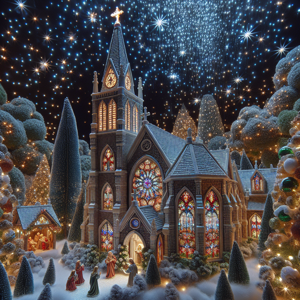 Nestled amidst gently falling snowflakes, an old-fashioned church serves as the centerpiece of a charming Christmas village. The church's detailed brickwork is meticulously crafted, with stained glass windows that create a kaleidoscope of colors as they reflect the holiday lights. A tall steeple reaches towards the clear, starry night, topped with a glowing cross. The churchyard is carefully arranged with lifelike nativity figures, and the air is scented with freshly cut pine from the surrounding miniature forest, each tree adorned with subtle, reflective ornaments and a dusting of snow.
Generated with these themes: Church.
Made with ❤️ by AI.