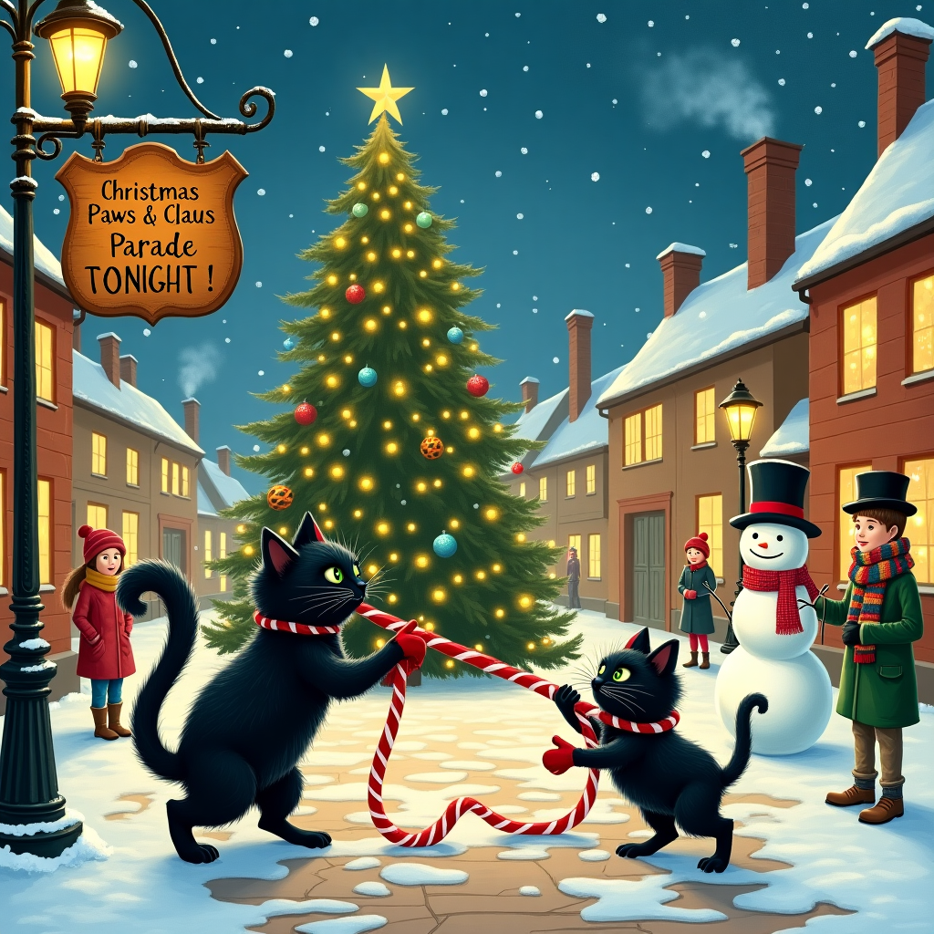 The scene unfolds in a cozy, snow-dusted village square on Christmas Eve, echoing the charm of Norman Rockwell's nostalgic holiday settings. At the heart of this quaint square stands a towering, whimsical Christmas tree adorned with twinkling fairy lights and mismatched ornaments reminiscent of Beatrix Potter’s playful touch. In front of this towering tree, two mischievous black cats, their fur glossy and their eyes like green marbles, engage in a comical tug-of-war with a long, candy cane-striped ribbon.

The cats are whimsically exaggerated in the style of Quentin Blake, with tails curled and whiskers twitching, each determined to win the prize. The larger cat, its paws adorned with tiny red mittens, yanks the ribbon with a gleeful expression, while the smaller cat, sporting a festive little Santa hat askew on its head, counters with equal vigor.

Around them, the square is alive with Edward Gorey-esque characters, bundled in oversized coats and scarves, caught in a joyful frozen tableau—children with rosy cheeks attempting to catch snowflakes on their tongues, and a snowman donning a colorful patchwork scarf and a tilted top hat. The cobblestone ground is dusted with fresh snow, and glowing lanterns on wrought-iron poles cast soft halos of light, reflecting off the icy patches.

Above, an ornately carved wooden sign swings gently in the crisp winter breeze, reading "Christmas Paws & Claus Parade Tonight!" in elegant, swirling script. In the background, auburn brick buildings with frosted windows and snow-laden rooftops provide a backdrop, their chimneys puffing wisps of smoke into the starry night sky, a nod to Maurice Sendak’s layered landscapes.

This scene tells a delightful tale of feline festivity and holiday cheer, capturing the playful spirit and vivid details akin to the works of Arthur Rackham and Maxfield Parrish.
Generated with these themes: two black cats.
Made with ❤️ by AI.