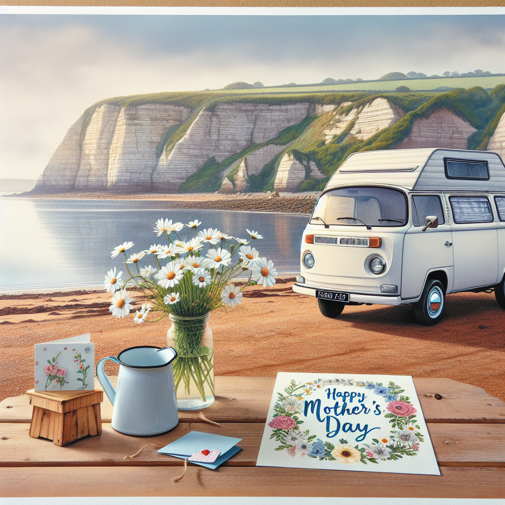 Depict a serene Mother's Day morning scene. In this picture, there is a white, vintage campervan parked idyllically beside a calm sea. Behind it, cliffs subtly embellished with wildflowers make up the backdrop. A small wooden table stands outside the van on which there is a vase filled with fresh daisies and a handmade 'Happy Mother's Day' card. The nearby sea is calm, its waves quietly lapping and providing a soothing soundscape to this tranquil setting.
Generated with these themes: Campervan by the sea.
Made with ❤️ by AI.