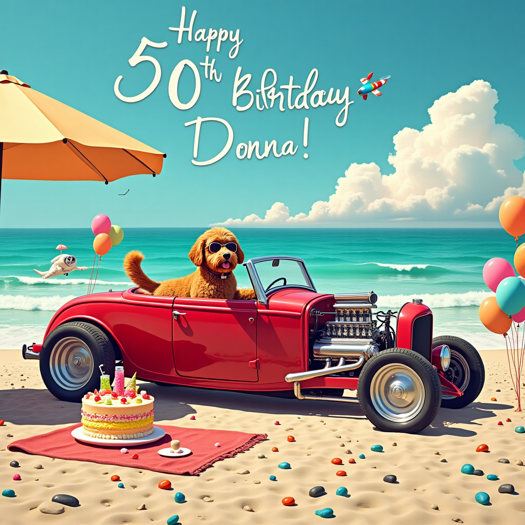 The scene is set on a sun-drenched pebble beach, where the waves gently kiss the shoreline, creating a rhythmic backdrop to the celebration. At the center, a gleaming American hot rod convertible, its vibrant cherry-red paint shimmering under the midday sun, is parked casually, its doors flung open as if inviting guests to a joyful gathering. In the driver's seat sits an exuberant brown labradoodle, sporting oversized aviator sunglasses, its fluffy tail wagging in delight as it clutches a gin & tonic glass with a tiny cocktail umbrella perched jauntily inside. The beach is strewn with colorful pebbles that gleam like jewels, and nearby, a beach blanket is spread out, laden with party essentials. Towering from the sand is a multi-tiered birthday cake, with the words "Happy 50th Birthday, Donna!" elegantly piped in bright icing that reflects the festive spirit. The topper of the cake is a miniature hot rod car with a tiny labradoodle in the driver's seat, echoing the real-life scene. Overhead, a skywriting plane has traced "Donna" in billowy, fluffy clouds, casting a gentle shadow over the scene below. Balloons tied to the car’s antenna flutter in the soft breeze, casting playful shadows on the sand, while an oversized beach umbrella provides shade to a makeshift bar setup, where more gin & tonics are being cheerfully poured. The entire scene captures a whimsical yet realistic portrayal of Donna’s milestone celebration, perfectly weaving together each theme into a vivid story brought to life on a greeting card.
Generated with these themes: Brown labradoodle, Pebble beach, American hot rod convertable car, Happy 50th Birthday, Gin & tonic, and .
Made with ❤️ by AI.