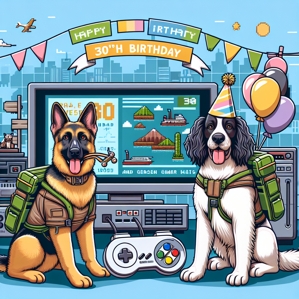 Depict a 30th birthday invitation in a cartoon-theme where a German Shepherd and a Springer Spaniel, both dressed as travelers equipped with backpacks, stand beside a gaming console. The gaming setup has joysticks and screens. The console has birthday decorations like streamers and balloons. The background consists of iconic global locations combined into a pixelated landscape symbolizing a blend of travel, gaming, and affectionate dogs.
Generated with these themes: German shepherd and springer spaniel, Gamer, Traveller, and 30th Birthday.
Made with ❤️ by AI.