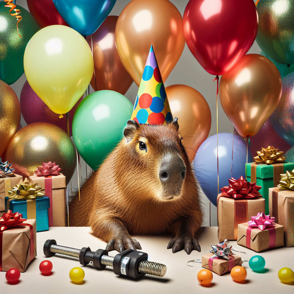 Create a lively image displaying a festive birthday celebration. The centerpiece of the festivities is a capybara, distinguished by its brown fur and large shape, wearing a jaunty party hat. This unique scene is completed with a variety of richly-colored balloons and beautifully-wrapped presents strewn around. A peculiar element of this fun tableau is an electrical lever connector, used inventively as a balloon weight, grounding a cluster of bright helium balloons adding a further splash of color to the scene.
Generated with these themes: Capybara, and Electrical lever connector.
Made with ❤️ by AI.