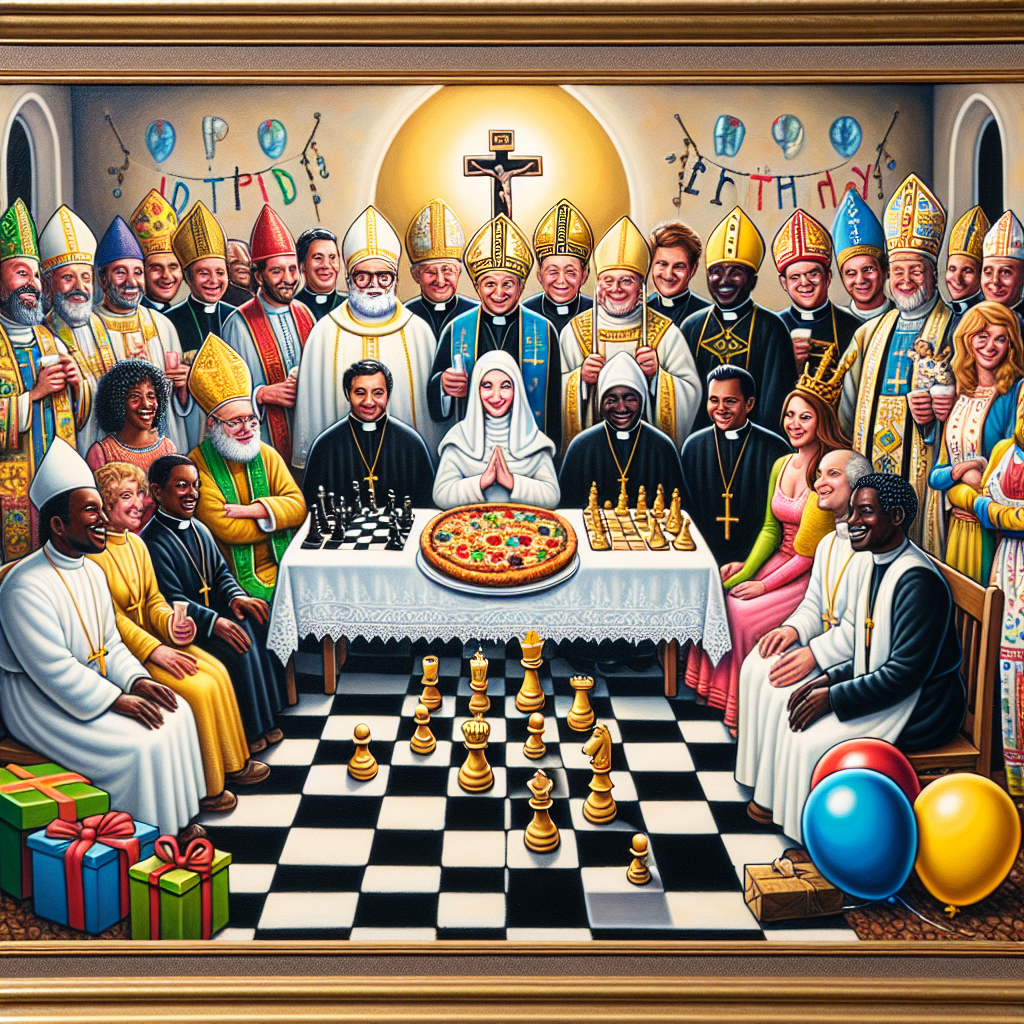 Create an image of a lively, tightly knit scene set inside a church. Visualize a small group of ecclesiastical figures, each of different descents - Caucasian, Hispanic, Black, Middle-Eastern, South Asian, and White. Contextualize them in the middle of an engrossing game of chess. Alongside, depict a festive birthday celebration. The intriguing contrast of a cake designed like a pizza rests on a table nearby, surrounded by brightly colored gifts and multicolored balloons. The background should subtly hint at catholic icons, while the individuals show cheerful expressions. Birthday hats sit on their heads, and a banner hanging above it reads 'Happy Birthday.' This theme ties together faith, exotic food, and strategic gameplay in a delightful manner.
Generated with these themes: Chess, Church fathers, Pizza, and Catholics .
Made with ❤️ by AI.