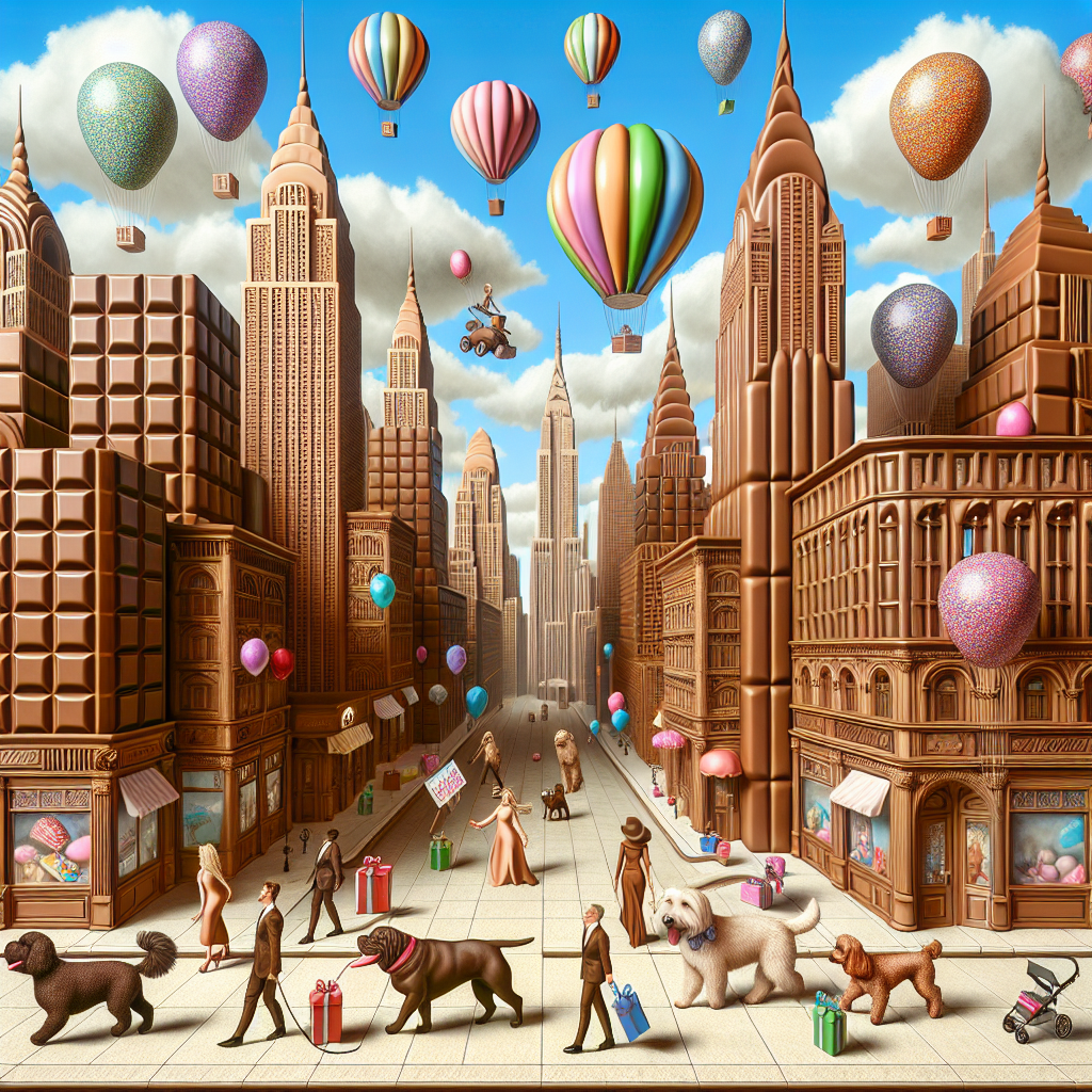 Create a surreal dreamscape where a birthday celebration takes place. The buildings are made of giant chocolate bars, creating the appearance of a fantastical version of the New York skyline. Floating throughout the sky are large, colorful makeup palettes, mimicking hot air balloons. Well-dressed dogs of varying breeds, genders and descents casually stroll along the streets, which are made of cocoa, each carrying a different type of birthday gift. Each element in the scene is partaking in the festivity, making for a uniquely celebratory skyline.
Generated with these themes: Chocolate , Makeup , New York , and Dogs .
Made with ❤️ by AI.