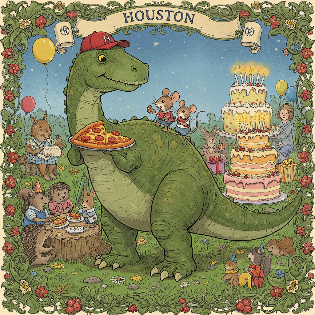 The scene unfolds in a whimsical and vibrant setting that captures the spirit of a jubilant birthday celebration. At the center, a charming dinosaur with the scales in various shades of green, detailed with intricate line work reminiscent of Aubrey Beardsley, towers with a playful demeanor. The dinosaur is playfully wearing a baseball cap adorned with the classic red stitching of a baseball, perched slightly askew on its head.

In its tiny hands, the dinosaur holds a slice of mouthwatering pizza, dripping with gooey cheese and topped with pepperoni, rendered with a Norman Rockwell-esque attention to detail. On the dinosaur's back, two tiny figures — a mouse and a rabbit, rendered in the storybook style of Beatrix Potter — are engrossed in a miniature game of football, complete with a tiny brown leather ball.

Behind this central figure, a sky awash with Maxfield Parrish's glowing blues and purples serves as the backdrop. A bright, ornate banner floats across the top, elegantly lettered with the word "Houston" in swirling Gustave Doré-inspired script. The banner sways gently, creating a dynamic visual connection with the scene below.

The background is filled with an animated crowd of characters, each engaged in various birthday activities. The ground is covered in grass illustrated with detailed cross-hatching in Quentin Blake's energetic style. To the right, a towering birthday cake, layered in vibrant pastel colors, features a candle for each year, all with flickering flames painted in warm, glowing hues.

To the left, a small group of woodland creatures, including a hedgehog and a squirrel, are seated at a picnic table crafted from a felled log, relishing their slices of birthday cake. Each creature is meticulously rendered with the delicate line work of Arthur Rackham.

The entire scene is framed with a border of swirling vines and floral motifs, a nod to Edward Gorey's intricate designs, creating an inviting and ornate entrance into this lively birthday world.
Generated with these themes: Birthday, dinosaur, baseball, football, pizza, green.
Made with ❤️ by AI.