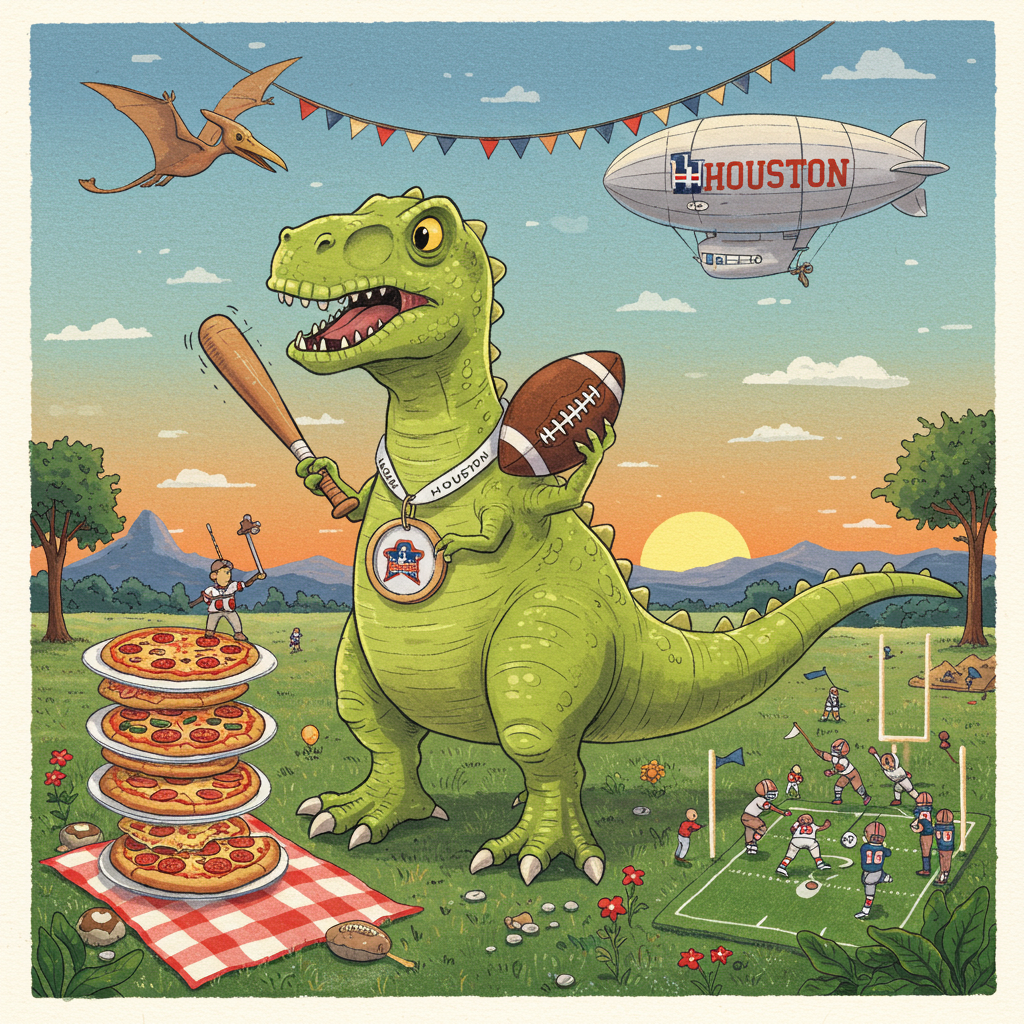 In the foreground of this whimsical birthday greeting card, envision a playful scene bustling with energy and color. At the center, an exuberant cartoon dinosaur, reminiscent of Maurice Sendak's charming creatures, is the focal point. This dinosaur sports a bright, lime green hue with detailed scales, each one meticulously drawn like a Beatrix Potter illustration. The dinosaur is comically balancing a baseball bat in one tiny, clawed hand and a football in the other, giving it an amusingly overburdened look akin to a Norman Rockwell painting.

Around the dinosaur's neck hangs a small medallion with the name "Houston" inscribed in bold, playful letters, channeling a Quentin Blake-like flair. This medallion dangles and glints like a badge of honor, drawing the eye with its sheen.

In the background, a Maxfield Parrish-inspired sky transitions from a gradient of soft azure to deeper, duskier blues. The sun, setting on the horizon, casts a warm, golden glow over the scene. Floating in the sky, a small, whimsical blimp with "Houston" painted across its side drifts lazily, echoing the joyful chaos below.

To the dinosaur's right, a small football field is sketched with delicate lines, capturing the charm of an Arthur Rackham scene. Tiny cartoon characters—both human and dinosaur—engage in a friendly football match, their vibrant jerseys splashed with shades of forest green and navy blue.

On the left, an exaggerated stack of pizzas teeters dangerously, each pie a different variety—pepperoni, veggie, and classic cheese—illustrated with N.C. Wyeth's eye for mouth-watering detail. The pizzas are perched on a little red-and-white checkered picnic blanket, adding a pop of color and texture.

Above, a banner arches across the scene, held aloft by two small pterodactyls, each painted in lively shades of emerald and teal. The banner reads "Happy Birthday!" in a joyful, swirling font inspired by the elegance of Aubrey Beardsley, adding a touch of sophistication to the fun-filled chaos below.

Throughout the scene, sprinkles of confetti flutter downwards, rendered with Edward Gorey's intricate line work, adding layers of detail and a sense of festivity that ties the entire illustration together.
Generated with these themes: Birthday, dinosaur, baseball, football, pizza, green.
Made with ❤️ by AI.