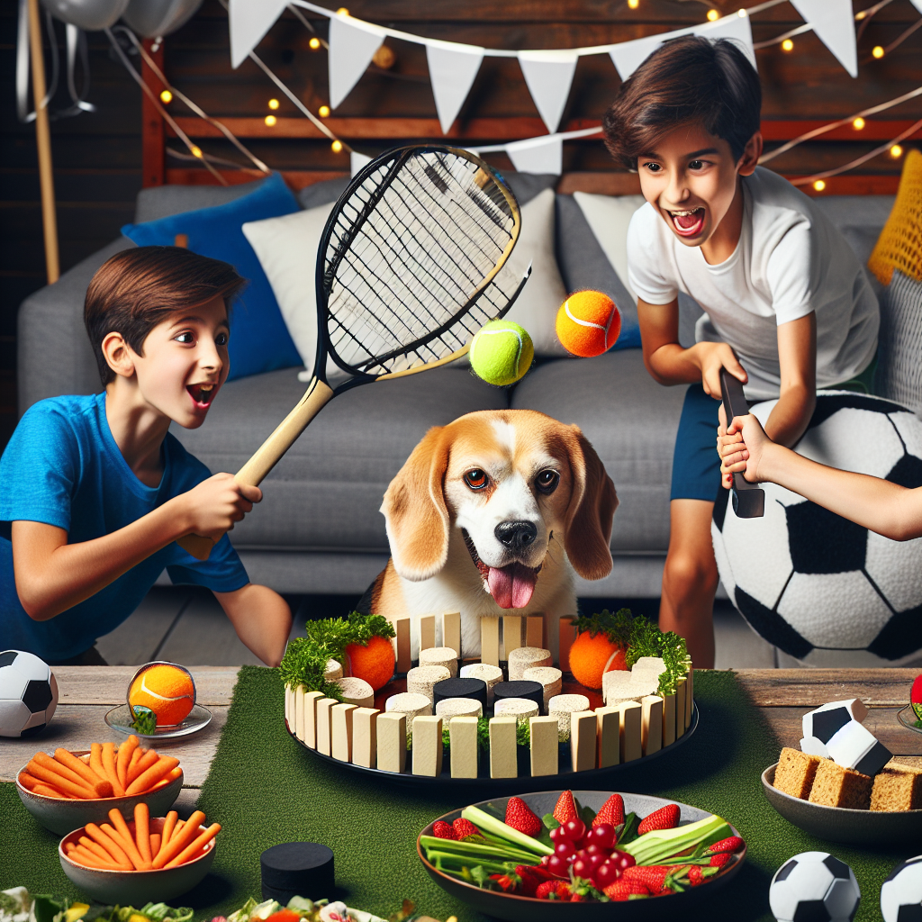 Create an image of a realistic and charming birthday setting. The centerpiece is a fluffy beagle dog, sitting next to an assortment of tennis balls and hockey pucks, acting as symbols of the children's favorite sports. There are two boys, one Caucasian and the other Hispanic, dynamically engaged in a playful duel using a tennis ball and a hockey puck, their faces illuminated with the joy of competition and celebration. The scene also showcases a dinner spread of delightful vegetarian cuisine: carrot sticks creatively substituting for hockey sticks, a tofu salad shaped like a tennis ball, and an array of colorful vegetable platters with a captivating aesthetic appeal.
Generated with these themes: Her dog , Her 2 boys , Tennis , Hockey , and Veggie food .
Made with ❤️ by AI.