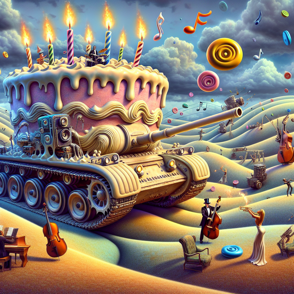 Imagine a quaintly mind-bending scene of a surreal birthday. Taking center stage is a colossal tank, whimsically designed reminiscent of a frosting-coated birthday cake adorned by blazing candles. It treks leisurely through a landscape of undulating hills under a sky that softly blurs and melts. Riding atop the tank is a slick-looking robot, elegantly dressed in festive outfit, serving as a DJ. This futuristic disc jockey is engaged in spinning an enormous vinyl record that gives off waves of colorful music. Enveloping this scene are musical notes that dance in the air, magically transforming into chocolate buttons. Tucked in one corner is an enormous stand-alone double bass instrument, its strings automatically vibrating and composing tunes that harmonize with the synthetic beats played by the robot DJ. The image is rampant with surrealism, hinting at beings who appreciate music, parties, and fantastical landscapes.
Generated with these themes: Tank, Robot, DJ, Double bass, Chocolate buttons, and Vinyl record.
Made with ❤️ by AI.