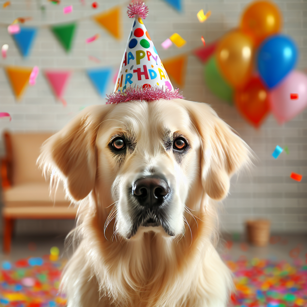 Generate an image of an average-sized adult Golden Retriever with a glossy cream coat, sitting in a festive birthday environment. The dog's soft brown eyes radiate warmth and kindness. A colorful party hat rests on its head, adding to the celebratory ambiance. The backdrop is filled with confetti and birthday streamers, encapsulating the happy and welcoming atmosphere of a pet-centric birthday bash.
.
Made with ❤️ by AI.