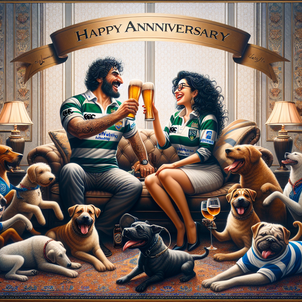 An elegantly crafted illustration steeped in warmth and jubilation serves to commemorate a couple's anniversary. At the core of this lively image, a Middle-Eastern gentleman and a Hispanic lady engage in a cheerful toast, their beer and wine glasses clinking together. They are adorned in the jerseys of their beloved rugby teams, expressing their shared love for the sport. Surrounding them, a number of sprightly dogs of multiple breeds cavort across a plush area rug, introducing an element of playfulness to the narrative. Emphasizing the celebratory atmosphere, 'Happy Anniversary' banners garnish the frame of the scene, complemented by the effervescence of the beer and the refined elegance of the wine glasses.
Generated with these themes: Beer, Wine, Rugby, and Dogs.
Made with ❤️ by AI.