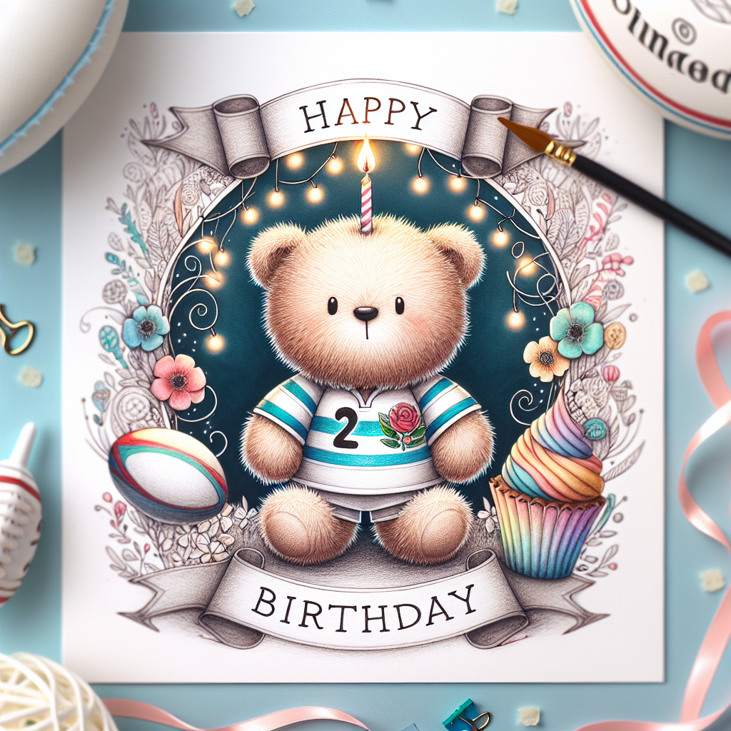 Craft an endearing birthday-themed illustration. In the centre, visualise a fluffy character wearing a rugby jersey with the number '21' prominently displayed, signifying an age celebration. This character is holding a colorful cupcake with a single lit candle. Surround this centrepiece with delicate sketches of rugby balls and whistles. The backdrop should be painted with pastel hues intertwined with twinkling lights. A ribbon-like banner at the top or bottom should showcase the words 'Happy Birthday' to complete the festive scene.
Generated with these themes: Rugby, and 21.
Made with ❤️ by AI.