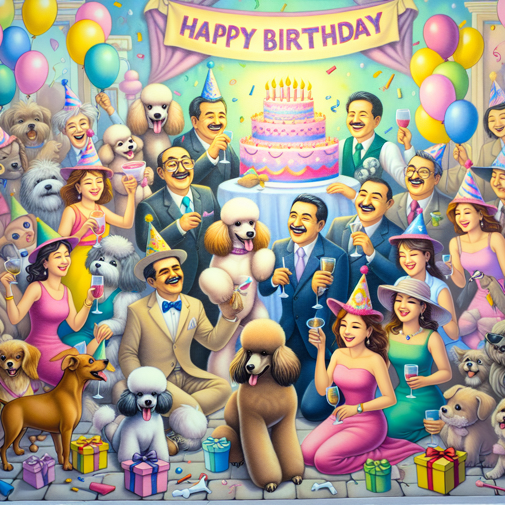 Envision a whimsical birthday scene sprawling on a canvas adorned with soft pastel colors. Cheerful poodles and jovial cavalier dogs, their fluffy coats exuding a joyous energy, mingling with the guests. South Asian men and Hispanic women are portrayed in a cartoon-style, all of them wearing whimsical party hats, laughing heartily, engaging in friendly chatter. A festive birthday banner majestically stretches across the top, and an array of balloons of diverse shapes and sizes float buoyantly around, further heightening the celebratory atmosphere.
Generated with these themes: Poodles, Cavaliers , and Men.
Made with ❤️ by AI.