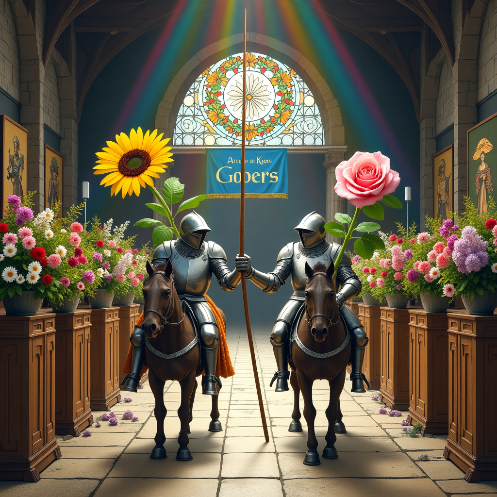 The front cover of the greeting card features a captivating and amusing scene set in a Medieval museum exhibit, with a twist of nature's vibrancy brought by an abundance of flowers.

The foreground presents a comical tableau of knights in shining armor engaging in a jousting match, but instead of lances, they hold oversized flowers. One knight grips a massive sunflower, its yellow petals and thick green stem contrasting humorously with the gleaming silver of his armor. The other knight, clad in slightly tarnished armor, wields a towering, delicate pink rose, its petals unfurling in soft layers.

Surrounding the knights are wooden display stands, typical of a museum setting. Each stand is adorned with lush bouquets of various flowers—daisies, tulips, and lilacs—interspersed with medieval artifacts like helmets, swords, and shields.

In the background, a grand stone archway leads to a dimly lit hall, its walls lined with tapestries depicting floral motifs intertwined with historic battles. From the archway’s apex hangs a vibrant banner in royal blue and gold, displaying the names "Annelies en Koen" in an elegant script, blending seamlessly with the medieval theme.

Scattered across the stone floor are small potted plants, each one bursting with colorful blossoms, creating a contrast against the cold, grey stones.

Above, a large stained-glass window filters sunlight into a kaleidoscope of colors that spill across the scene, casting rainbows over the knights and their flower-lances, adding a touch of whimsy and enchantment to the whole setting.

This detailed representation creates a delightful juxtaposition of the historical and the natural, inviting viewers into a world where the past meets the playful abundance of nature.
Generated with these themes: Medieval museum, and Flowers.
Made with ❤️ by AI.