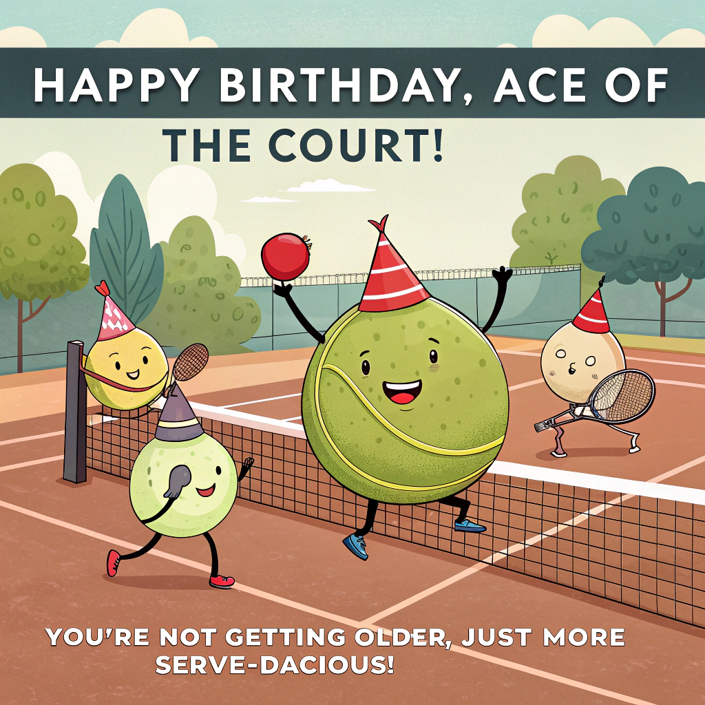 At the top of the image, "Happy Birthday, Ace of the Court!" 

At the bottom of the image, "You're not getting older, just more 'serve'-dacious!"

- Illustrate a comical scene featuring a tennis court with anthropomorphic tennis balls wearing party hats, celebrating and holding tiny rackets, as a smiling, cartoon-style person triumphantly holds a birthday cake, ready to serve it over the net.
Generated with these themes: Tennis, and .
Made with ❤️ by AI.