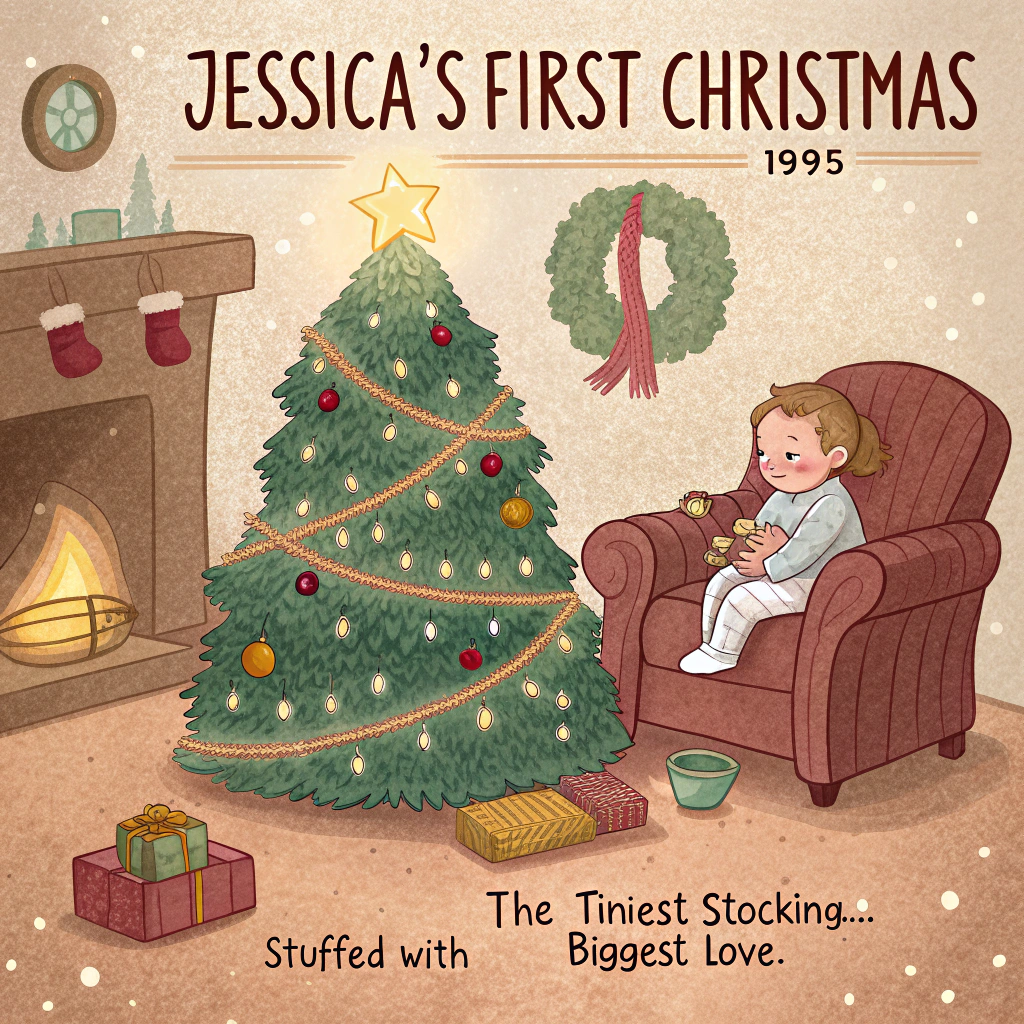 At the top of the image, "Jessica's First Christmas 1995"  

At the bottom of the image, "The tiniest stocking… stuffed with the biggest love."  

— In the center, illustrate a cozy, hand-drawn Christmas living room scene in warm, textured colors: a twinkling tree draped with colorful baubles and strands of tinsel, glowing fairy lights casting a soft golden hue, and under the tree, a plump baby in a red-and-white knit onesie (Jessica), giggling as she reaches for a glittery ornament. Beside her, a tiny stocking embroidered with “Jessica” hangs from the mantel, surrounded by chunky candles and evergreen garlands dusted with snow. Snowflakes drift softly outside the frosted window, and a plate of half-eaten cookies sits waiting for Santa. The whole scene should feel whimsical, heartwarming, and full of festive wonder.
Generated with these themes: Jessica's First Christmas 1995, and .
Made with ❤️ by AI.