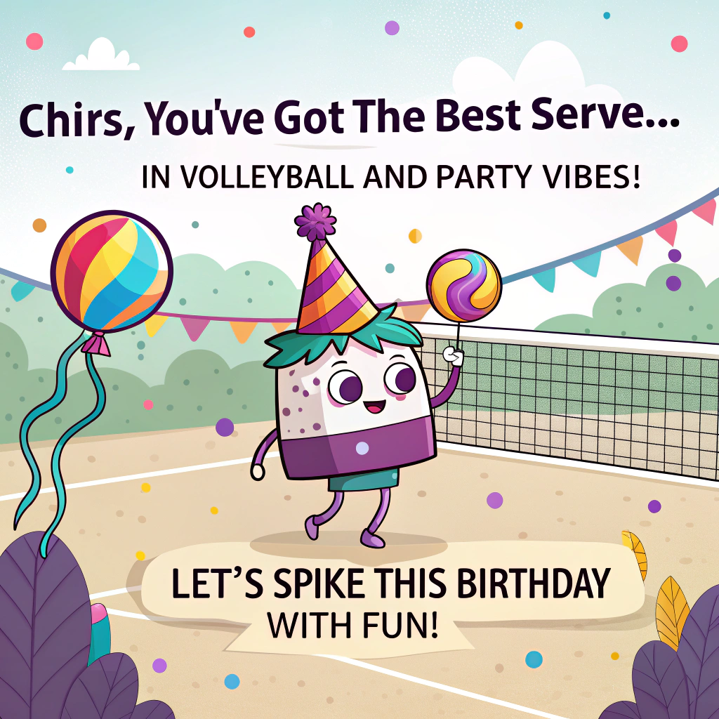 At the top of the image, "Chirs, you've got the best serve... in volleyball and in party vibes!"

At the bottom of the image, "Let's spike this birthday with fun!" 

- In the center of the image, depict a playful cartoon scene featuring a volleyball court where a volleyball with a cheeky face is wearing a birthday hat. The net is decorated with colorful streamers and balloons, and a character resembling Chirs is ready to serve the volleyball while balancing a slice of cake on their head.
Generated with these themes: Volleyball, and .
Made with ❤️ by AI.